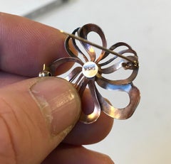 Danish Modernist Flower Brooch in Gold & with Blue Gem by Herman Siersbøl, 1960s