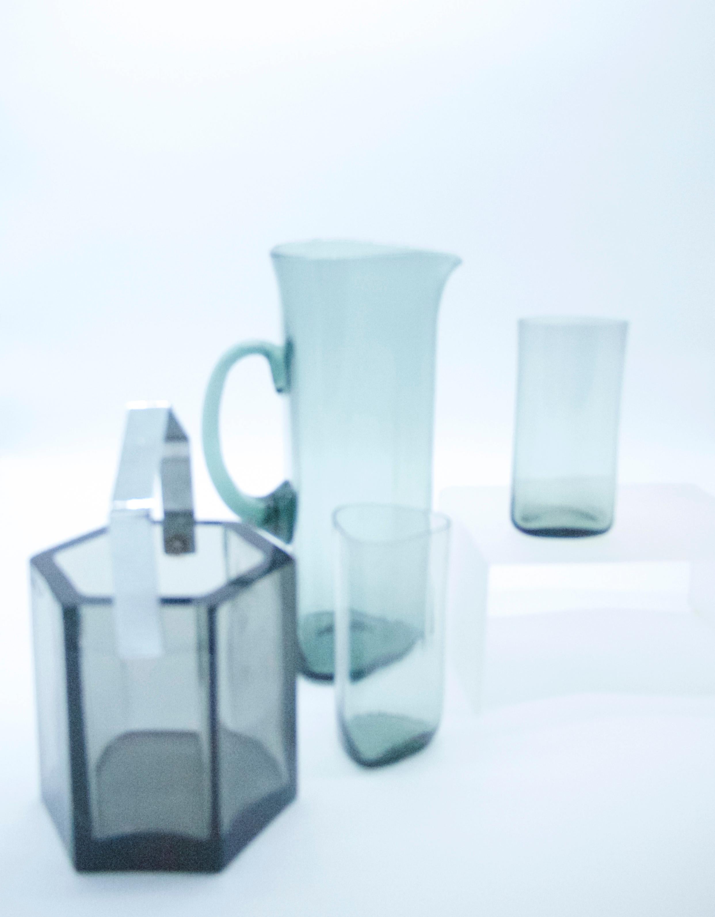Smoked Glass Danish Modernist Pitcher and Two Glasses 1970 Light Grey Three-Sided Design For Sale