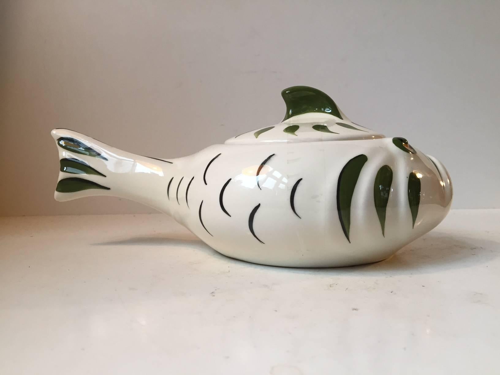 Mid-Century Modern Danish Modernist Pottery Monkfish, Lidded Bowl by Knabstrup, 1950s