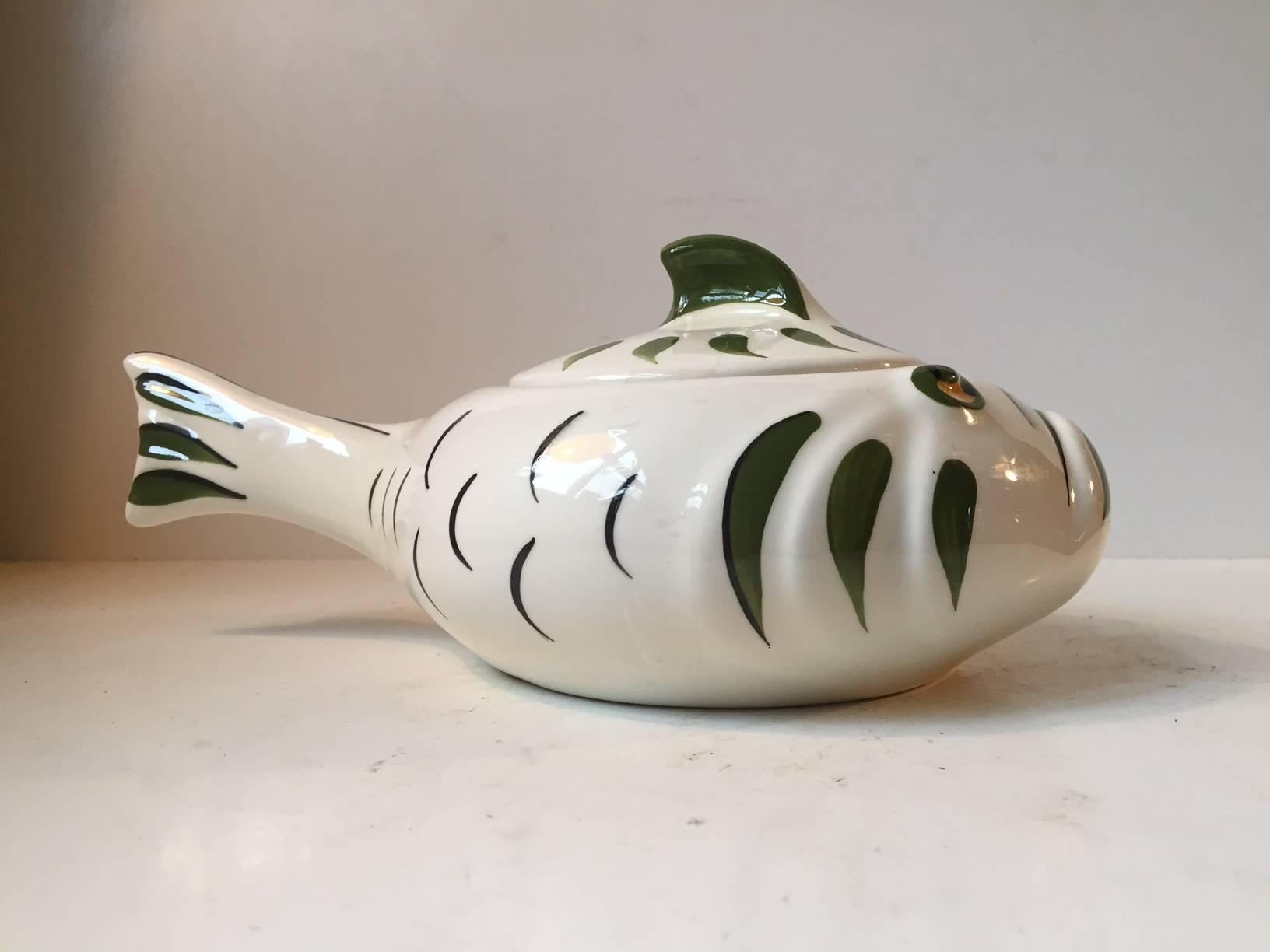 Glazed Danish Modernist Pottery Monkfish, Lidded Bowl by Knabstrup, 1950s