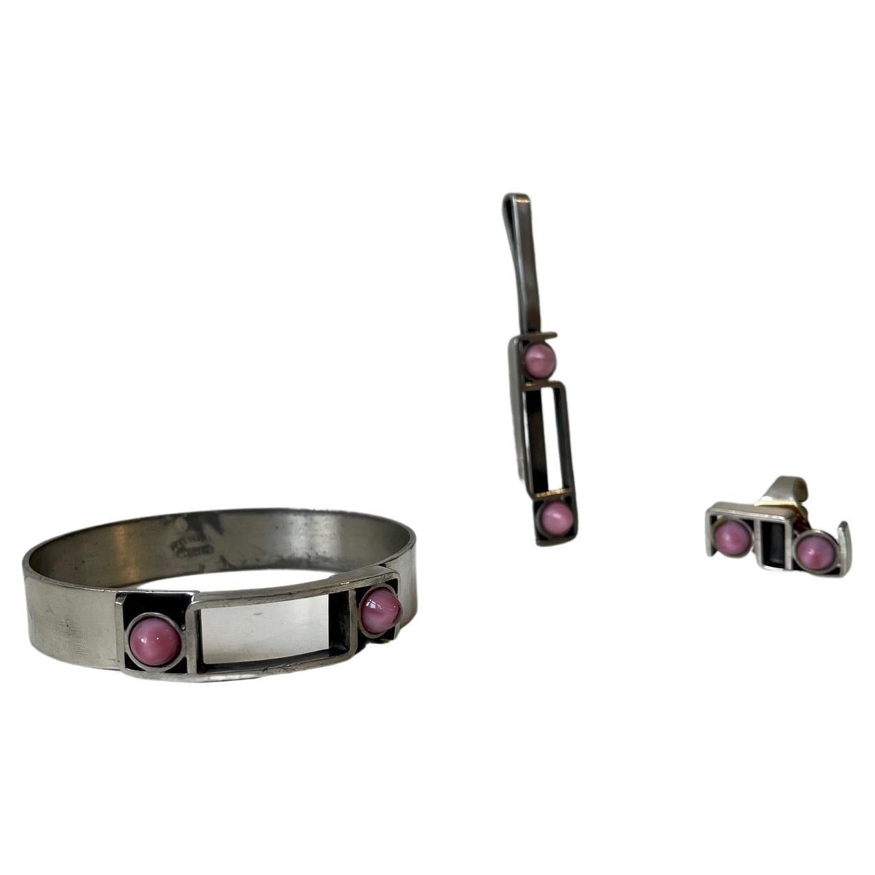 Danish Modernist Ring, Pendant & Armring in Pewter & Pink Stones, 1970s For Sale
