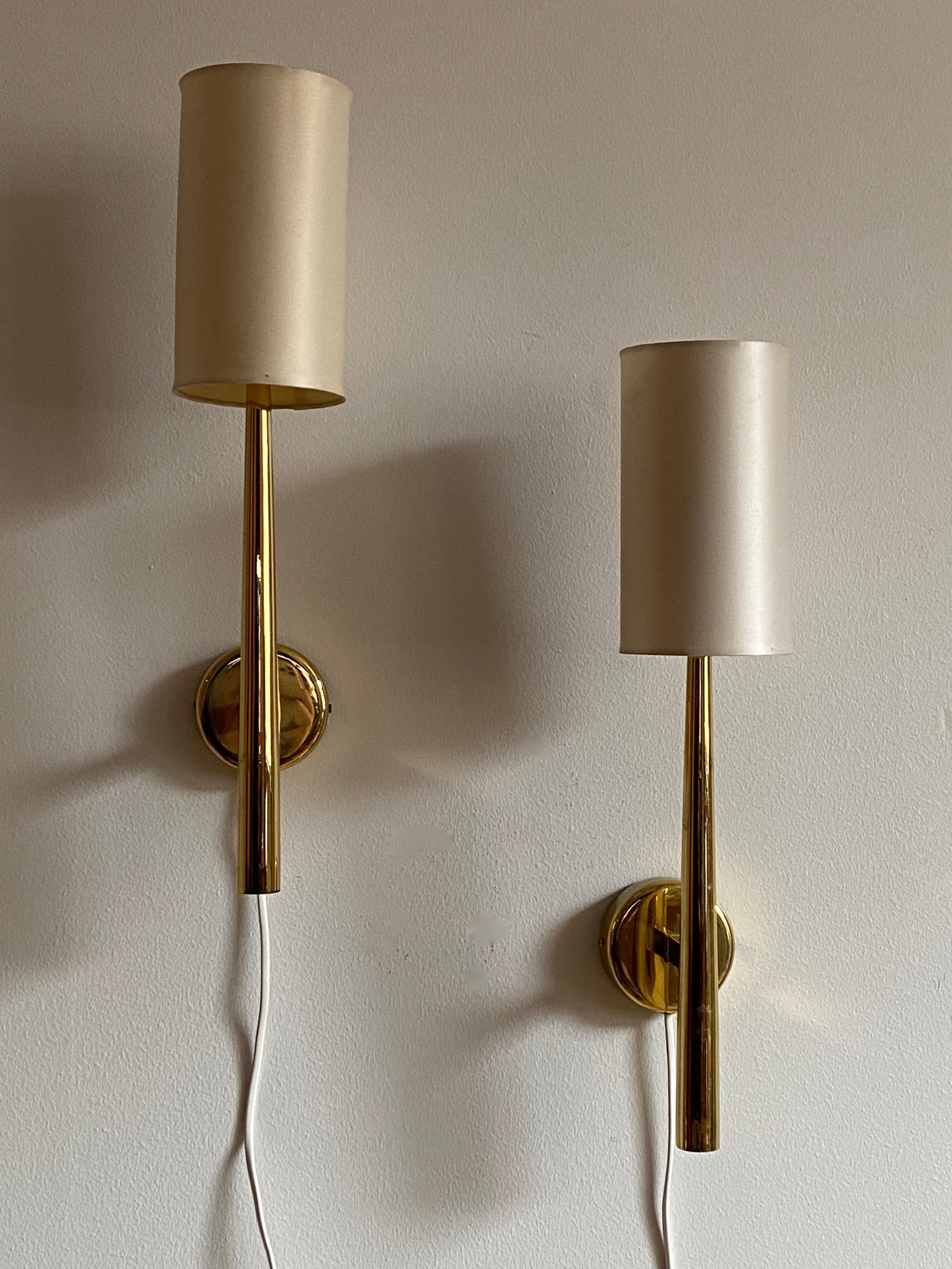 Danish, Modernist Wall Lights, Brass, Acrylic, Silk, Denmark, c. 1950s In Good Condition In High Point, NC