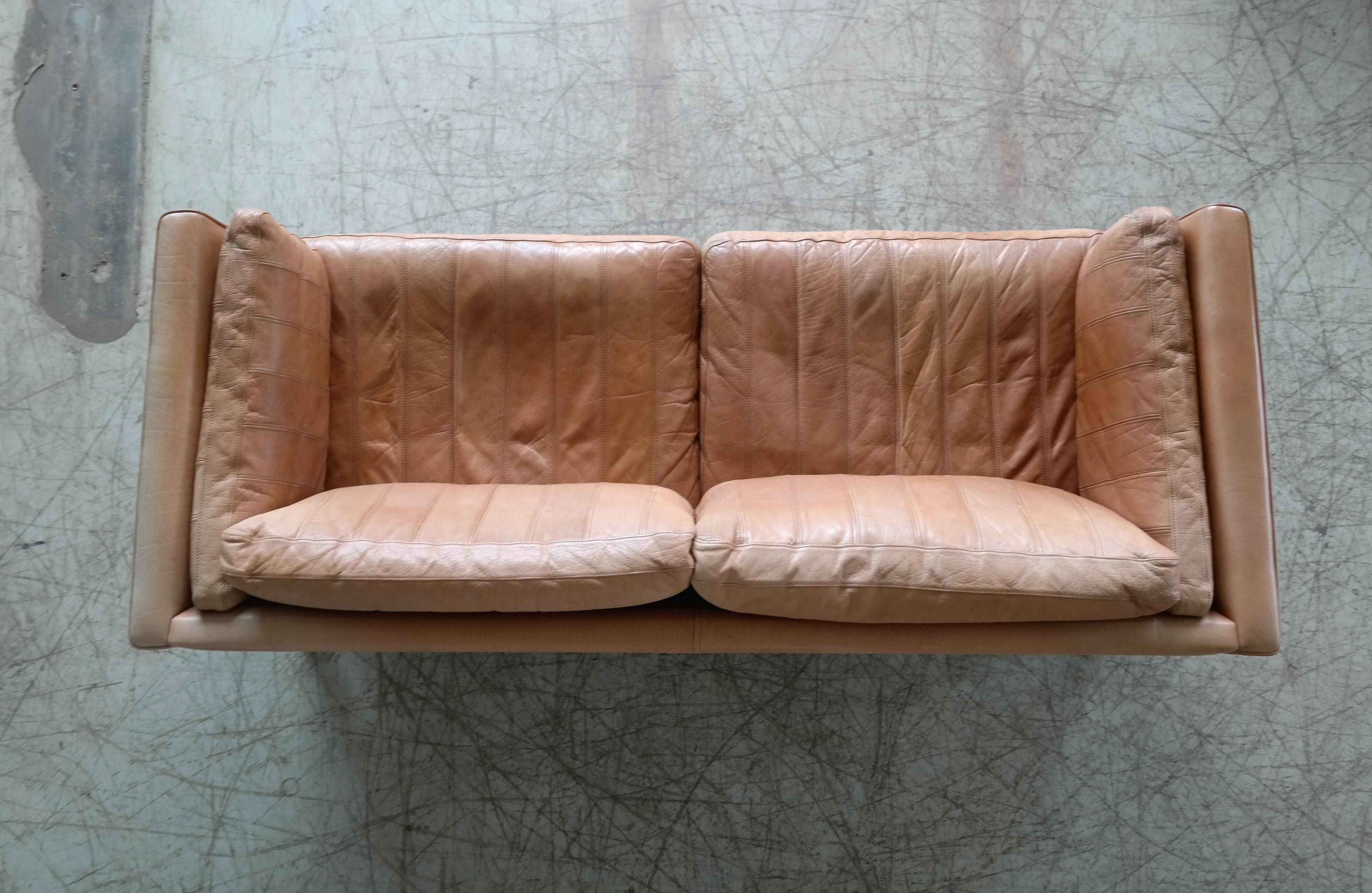 Danish Mogens Hansen 2 1/2-Seat Sofa in Light Tan Patchwork Buffalo Leather 3