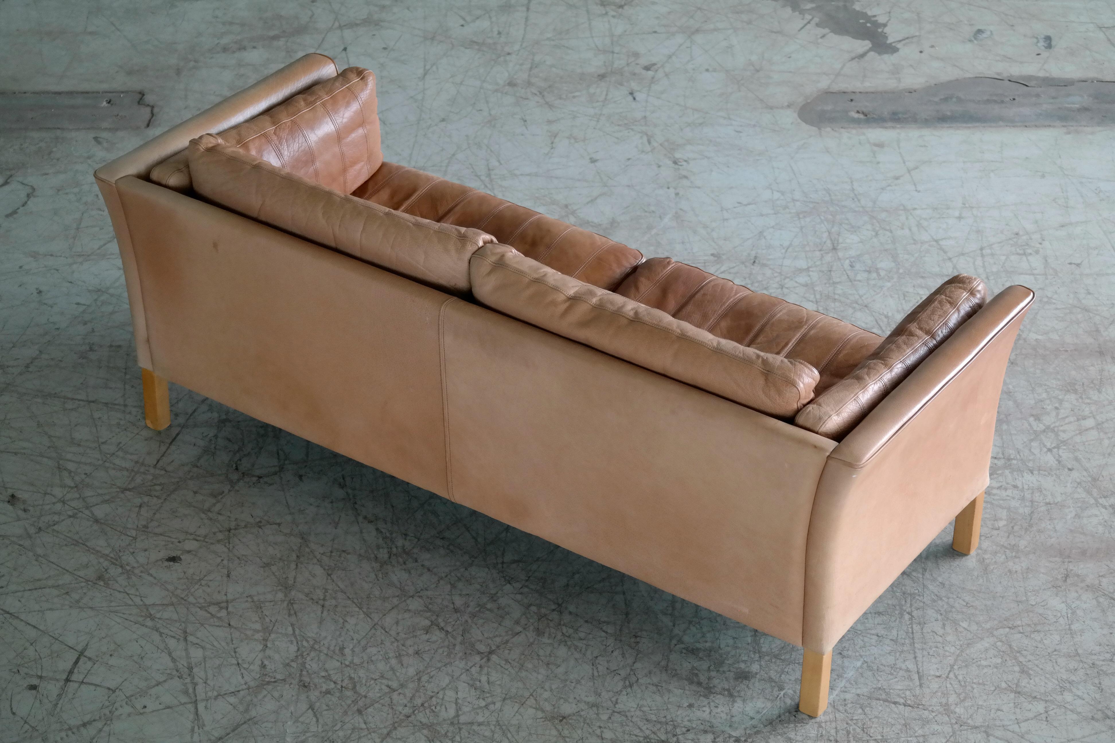 Danish Mogens Hansen 2 1/2-Seat Sofa in Light Tan Patchwork Buffalo Leather 6