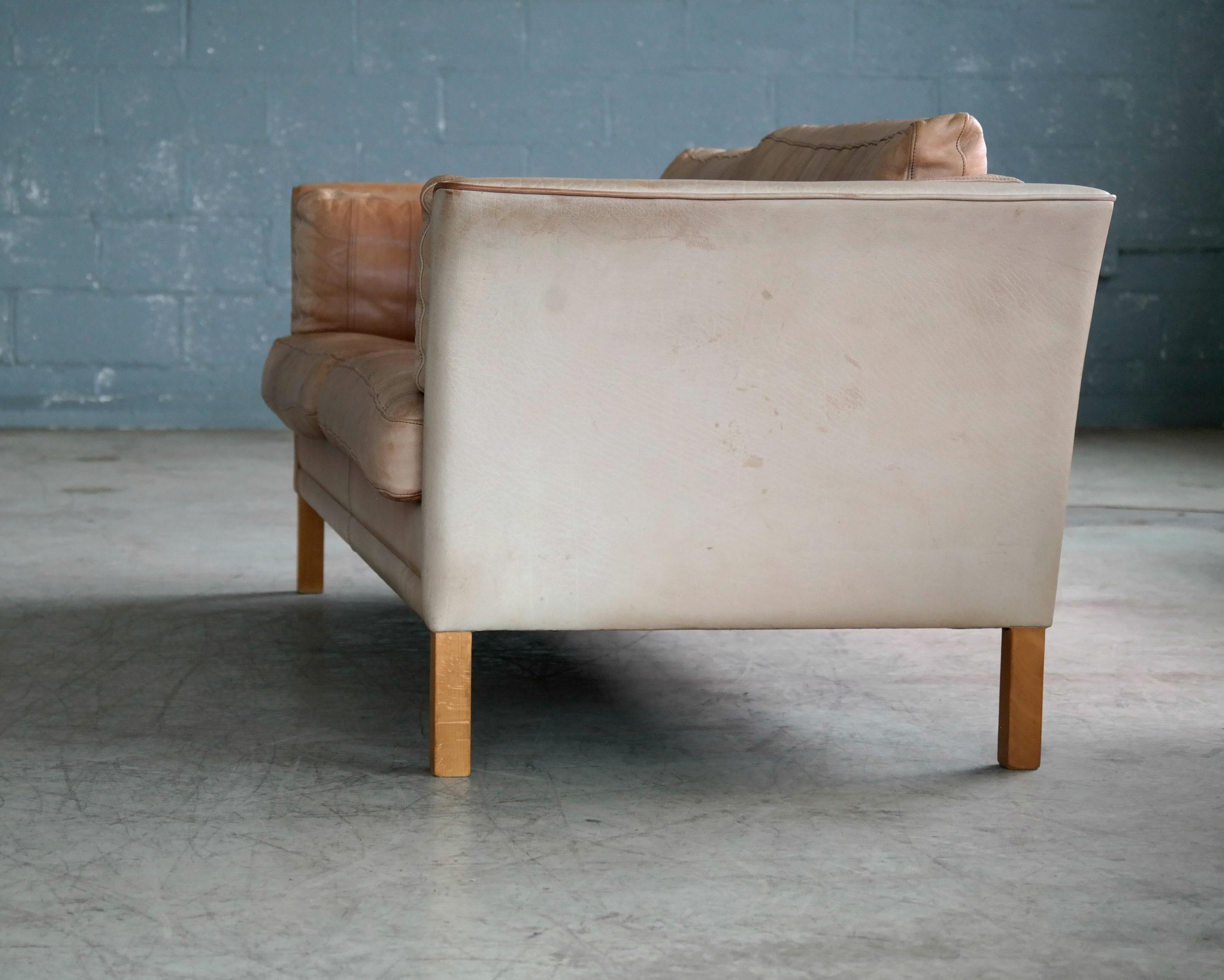 Danish Mogens Hansen 2 1/2-Seat Sofa in Light Tan Patchwork Buffalo Leather 8