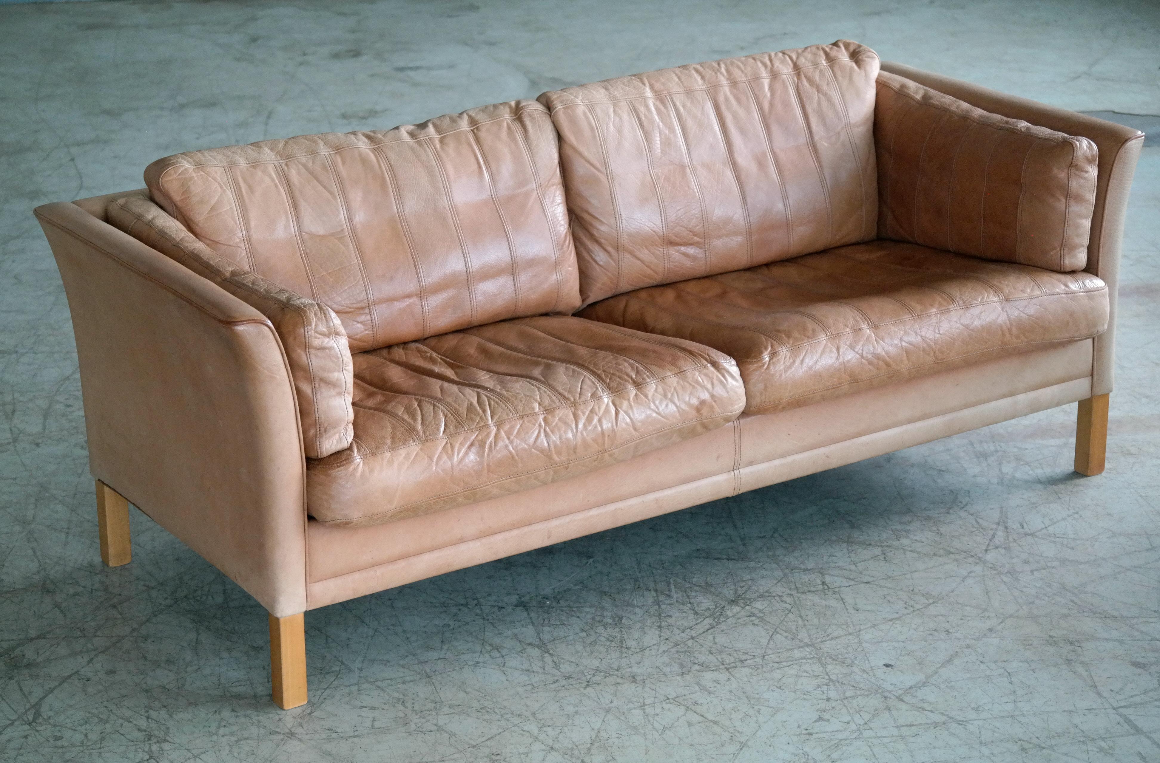 Mid-Century Modern Danish Mogens Hansen 2 1/2-Seat Sofa in Light Tan Patchwork Buffalo Leather