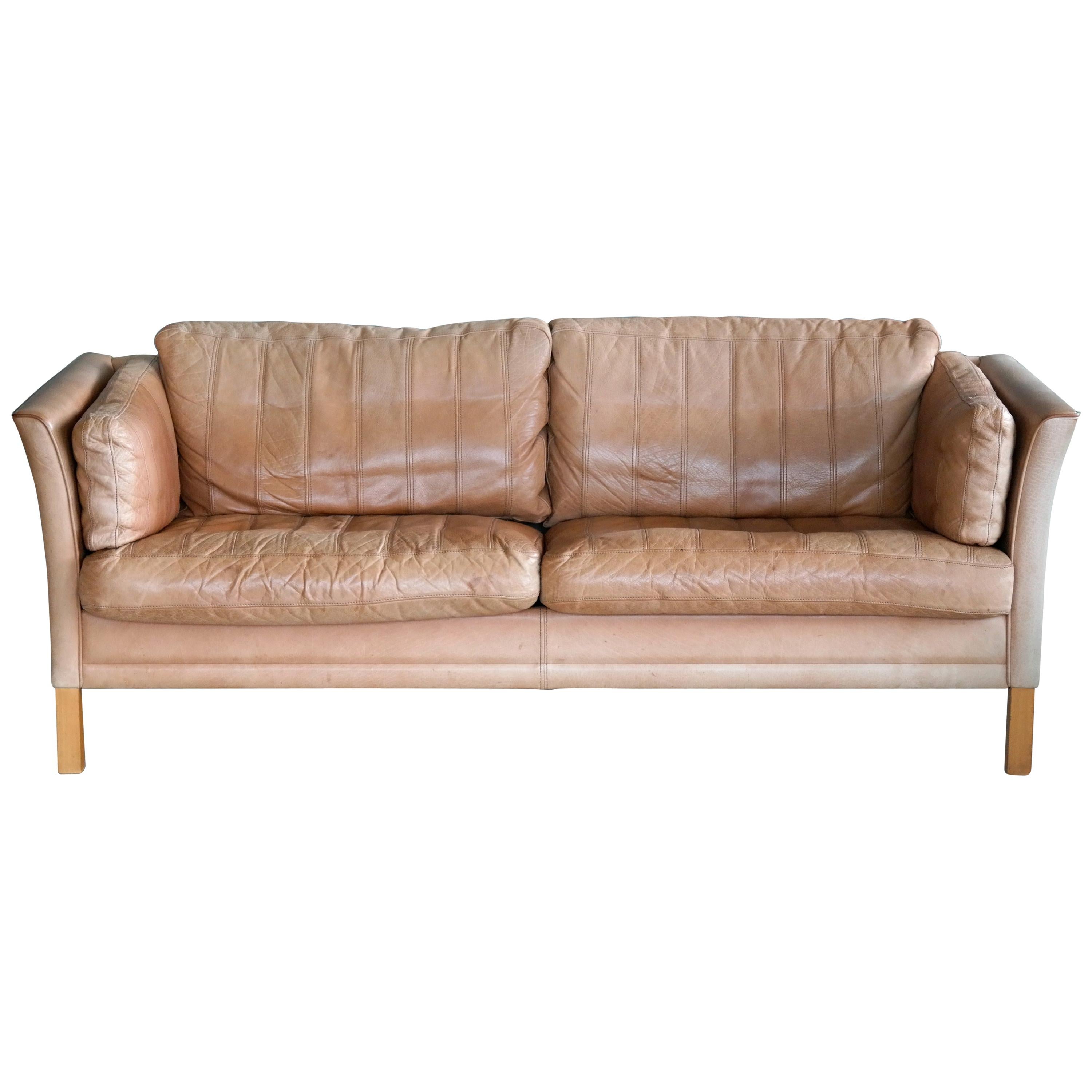 Danish Mogens Hansen 2 1/2-Seat Sofa in Light Tan Patchwork Buffalo Leather