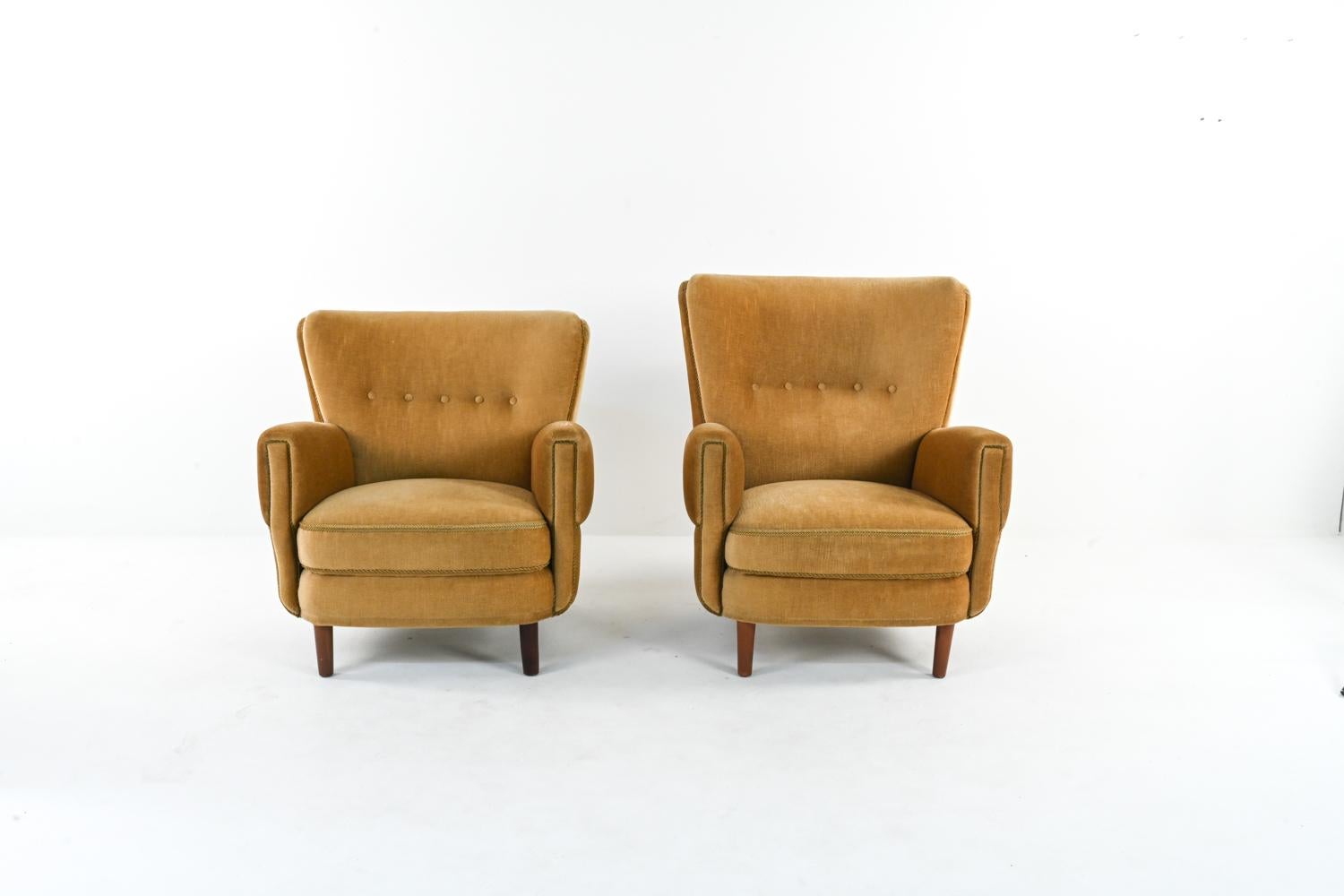 Mid-Century Modern Danish Mohair His & Hers Easy Chairs Attributed to Fritz Hansen, c. 1950's