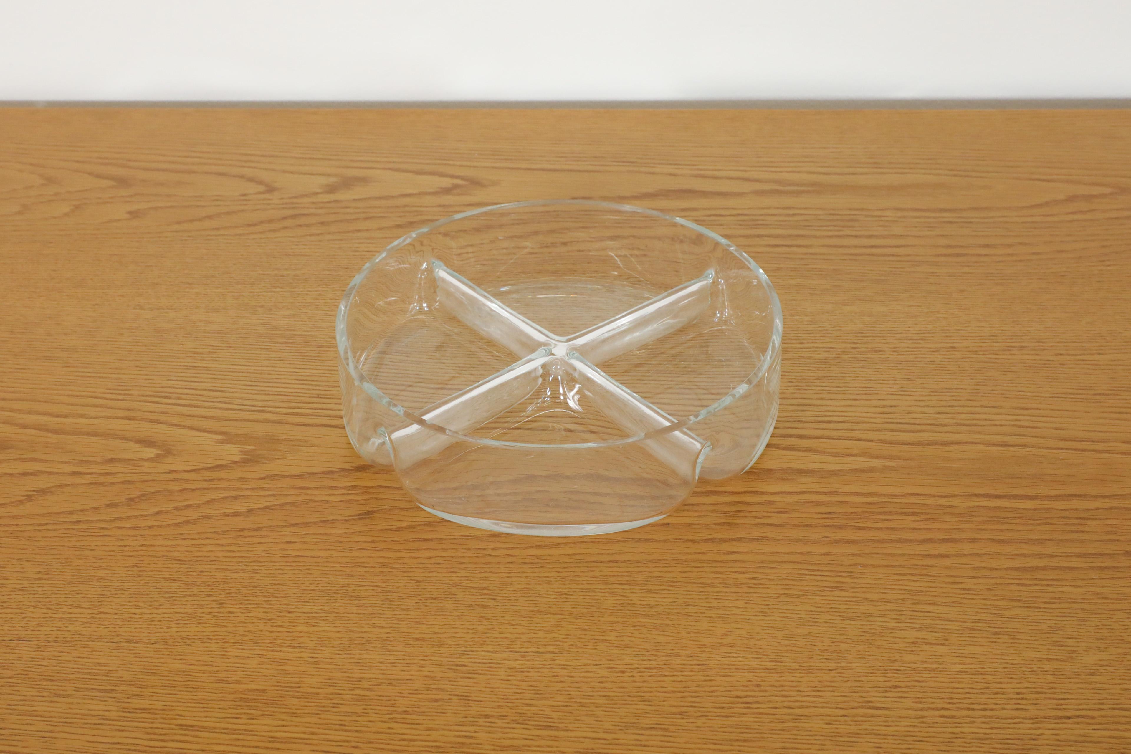 Danish mold blown glass condiment bowl with four sections. In original condition with visible scratching. Wear is consistent with its age and use.
