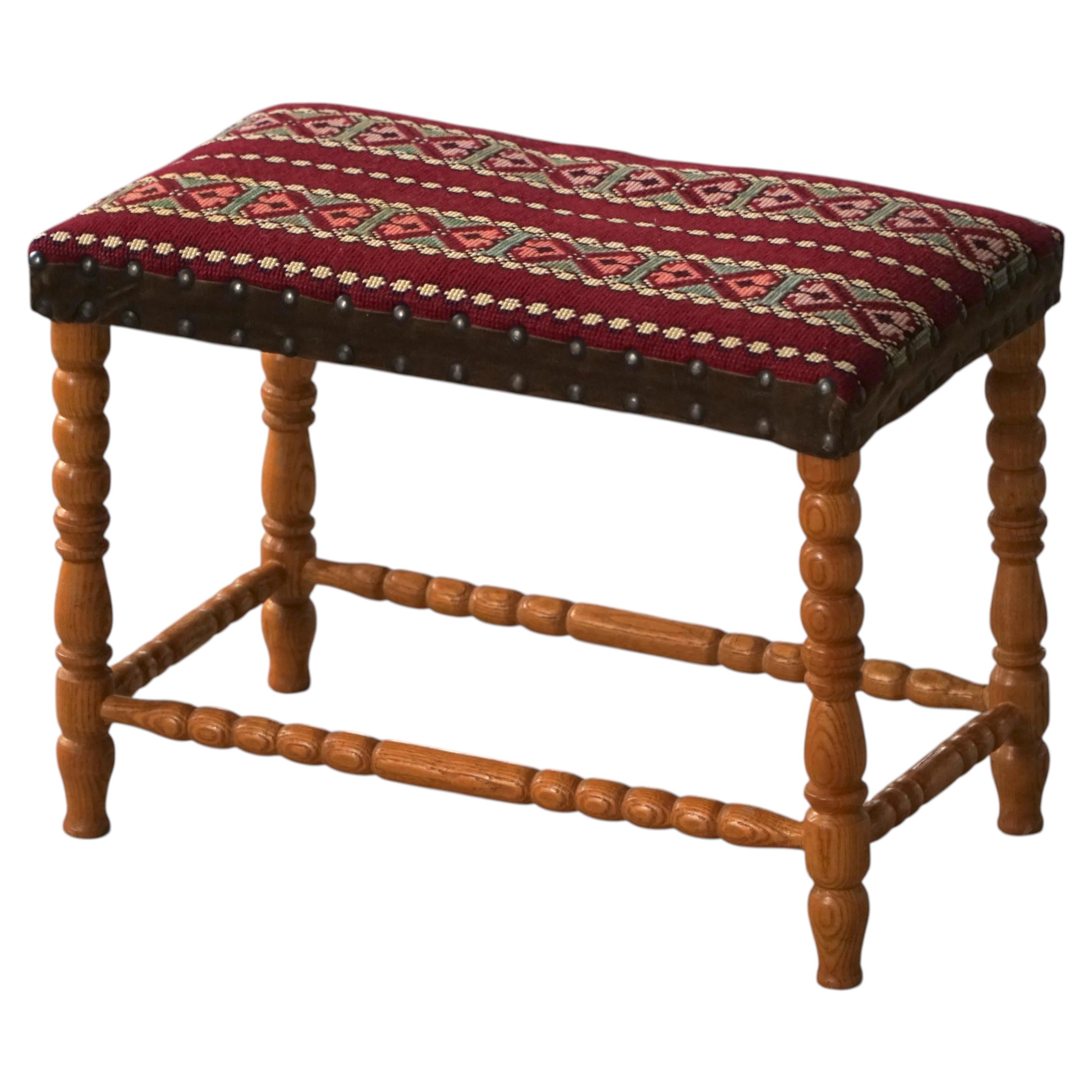 Danish Mordern Oak Stool, Patterned Textile, Mid-20th Century, 1960s For Sale