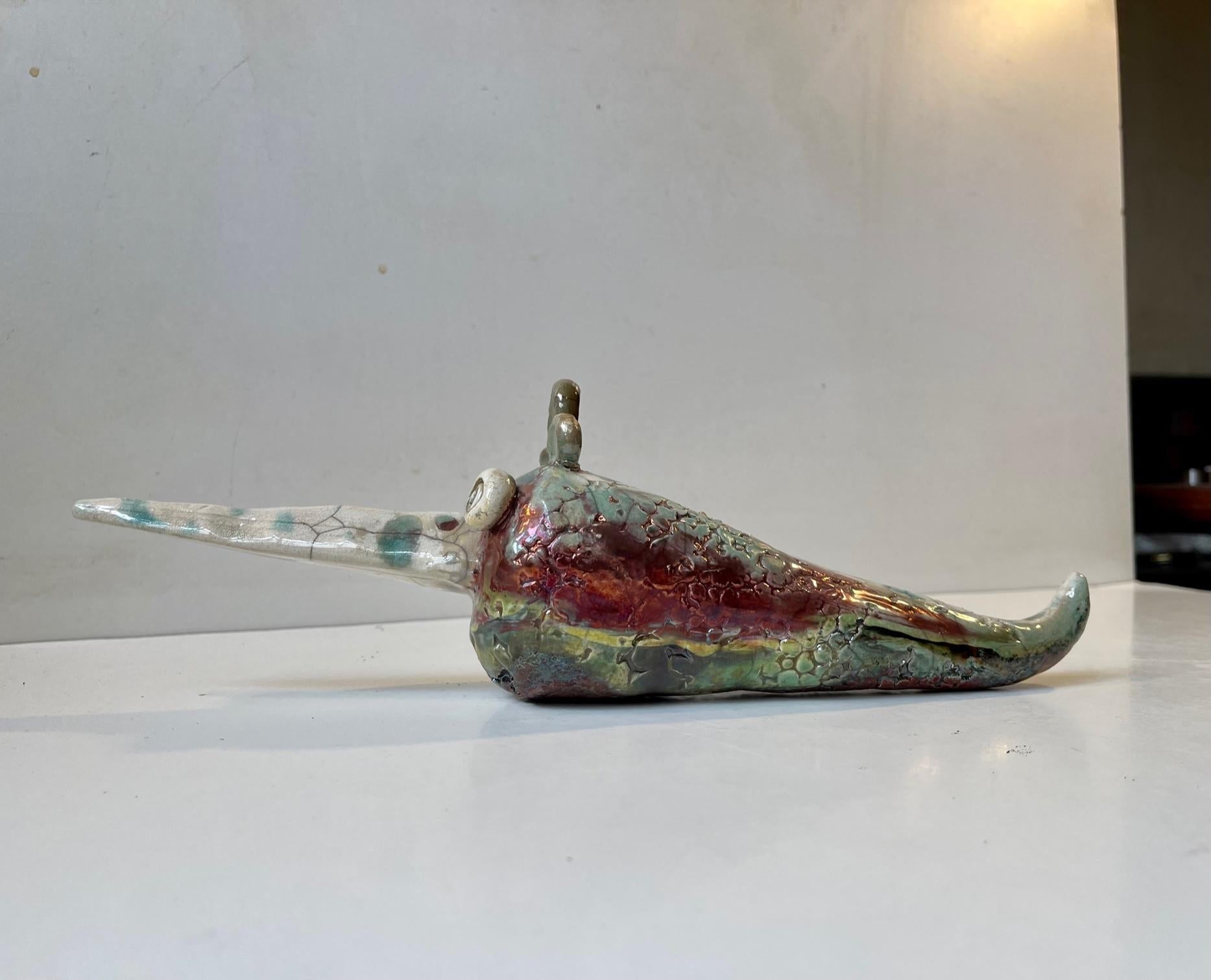 Post-Modern Danish Naive Fantasy Swordfish in Raku Burnt Stoneware, 2000s