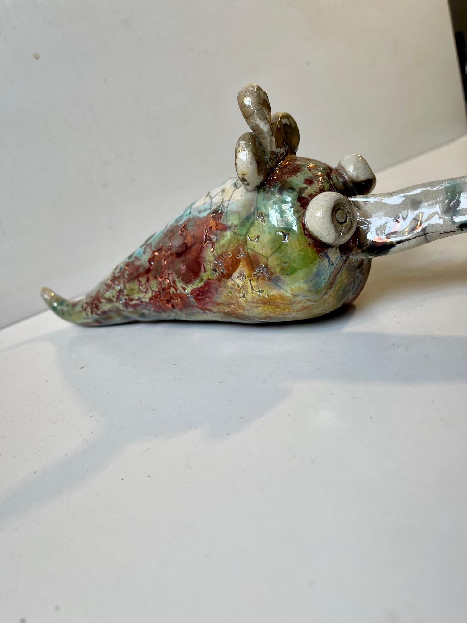 Glazed Danish Naive Fantasy Swordfish in Raku Burnt Stoneware, 2000s