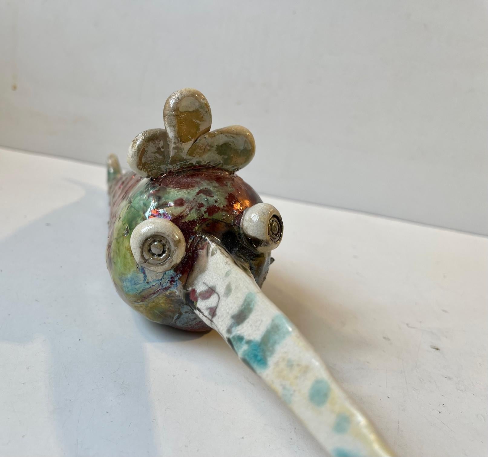 Danish Naive Fantasy Swordfish in Raku Burnt Stoneware, 2000s In Good Condition In Esbjerg, DK