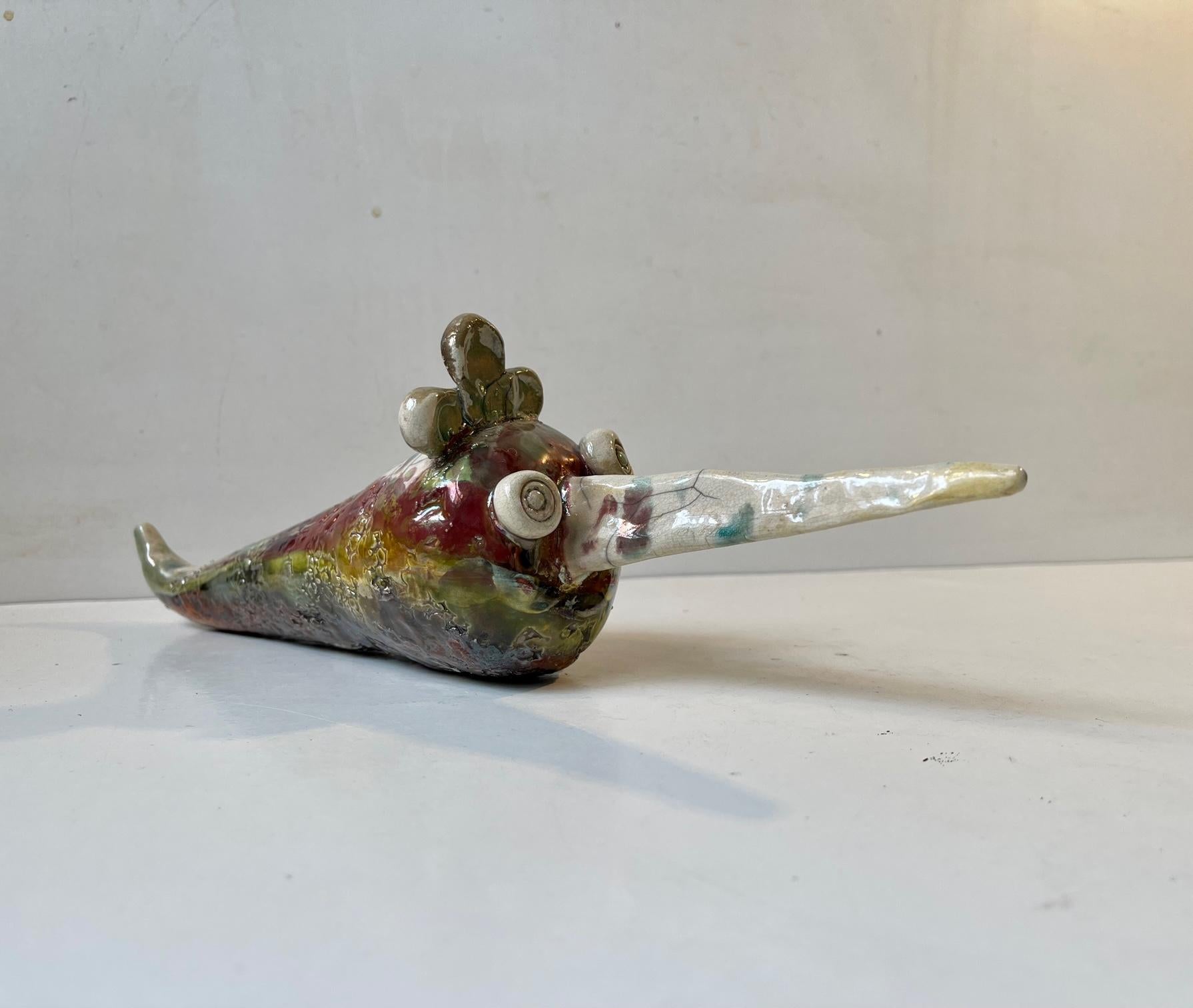 Danish Naive Fantasy Swordfish in Raku Burnt Stoneware, 2000s 2