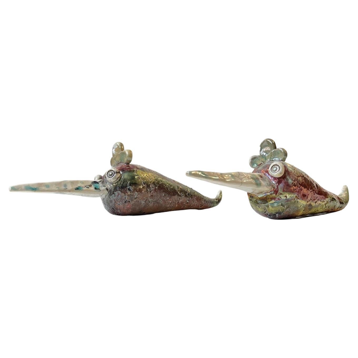 Danish Naive Fantasy Swordfish in Raku Burnt Stoneware, 2000s
