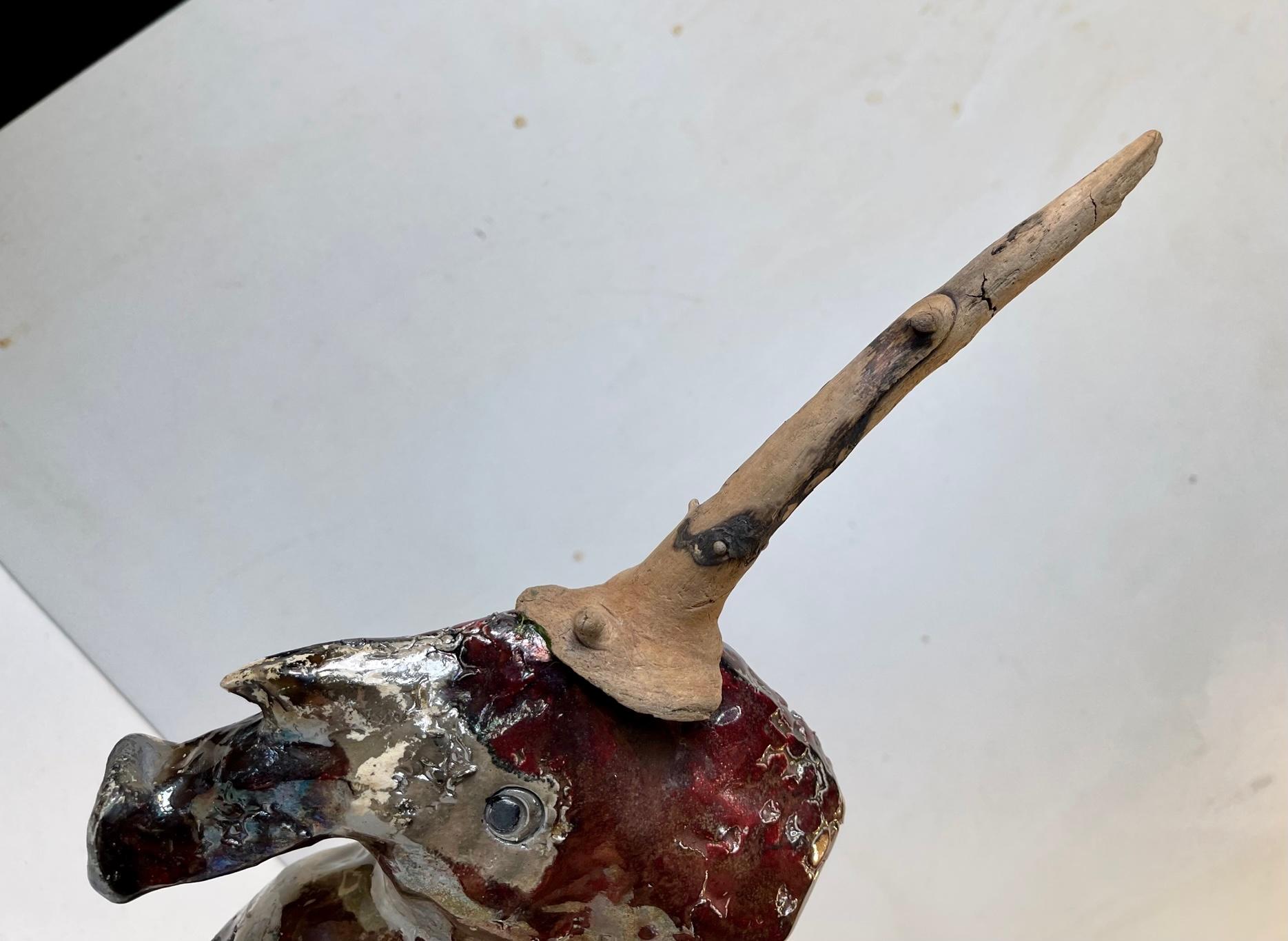 Danish Naive Unicorn in Raku Burnt Stoneware For Sale 4