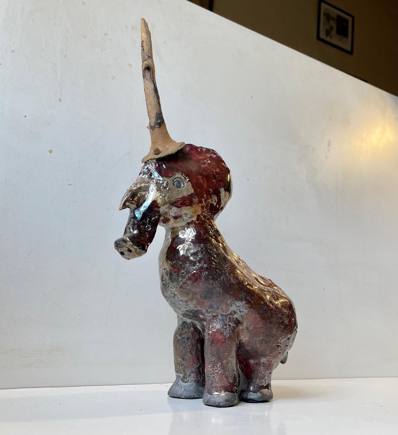 Modern Danish Naive Unicorn in Raku Burnt Stoneware For Sale