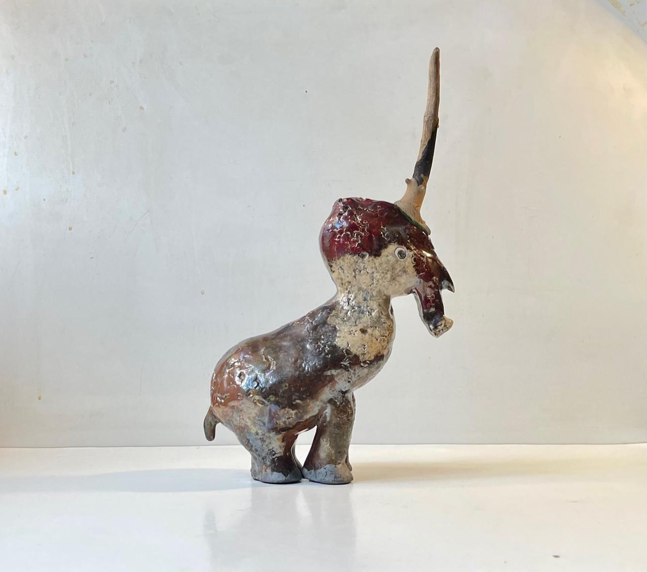 Hand-Crafted Danish Naive Unicorn in Raku Burnt Stoneware For Sale