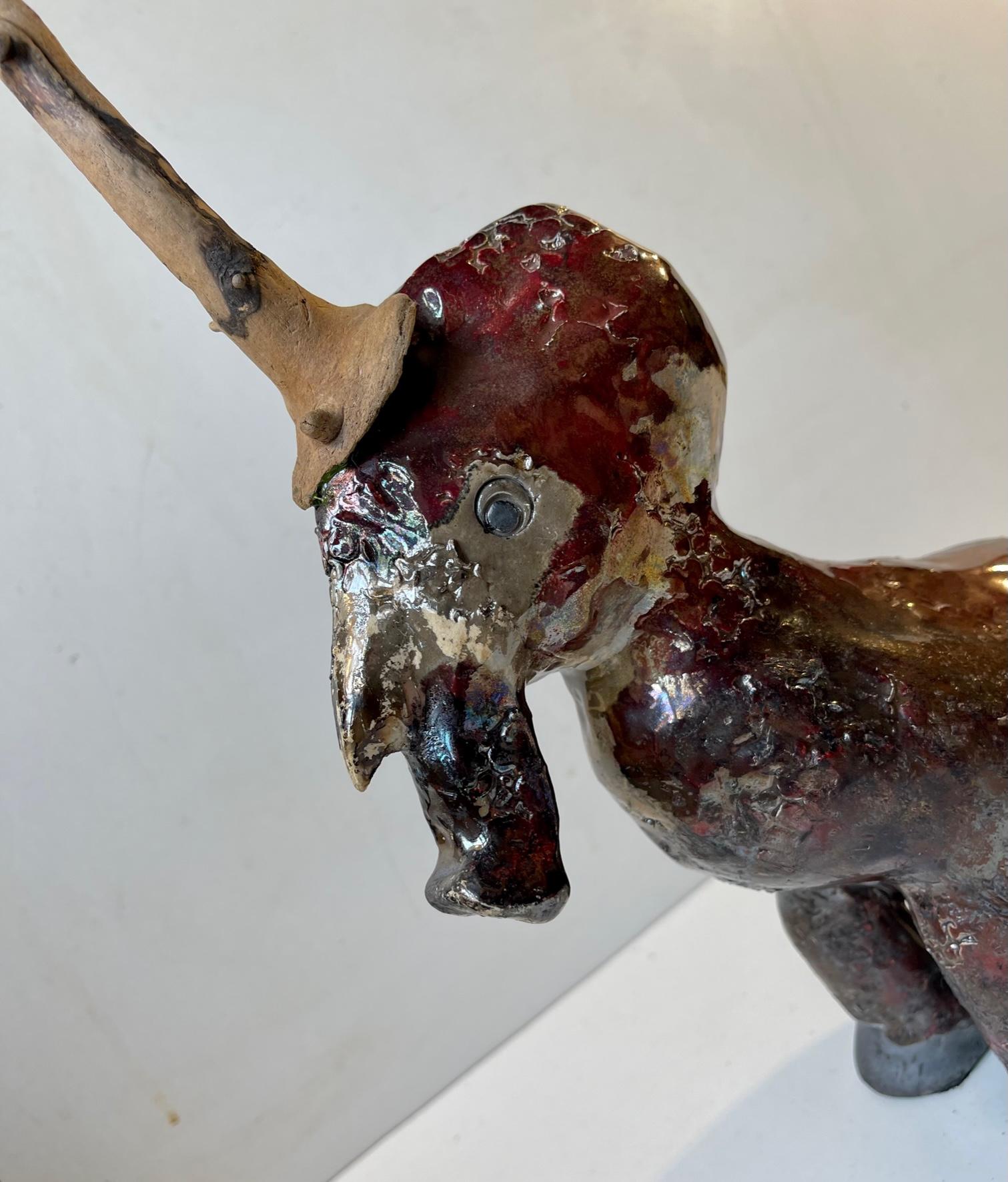 Danish Naive Unicorn in Raku Burnt Stoneware In Good Condition For Sale In Esbjerg, DK