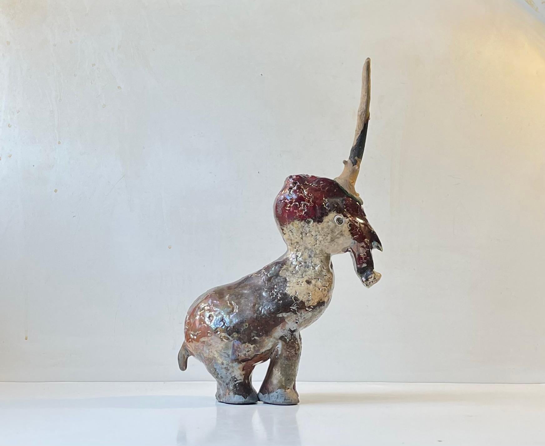 Danish Naive Unicorn in Raku Burnt Stoneware For Sale 1