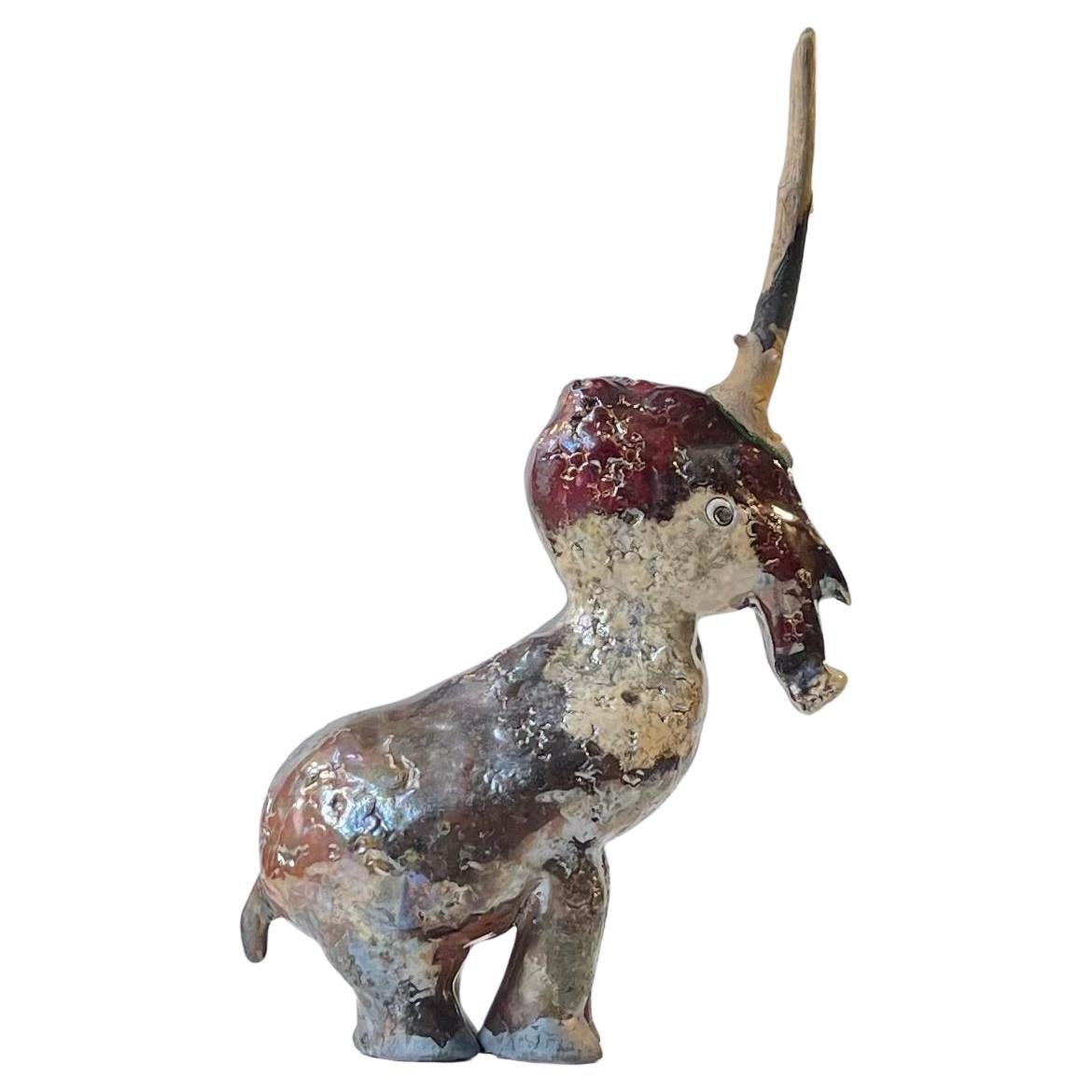 Danish Naive Unicorn in Raku Burnt Stoneware For Sale