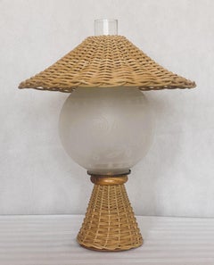 Danish Wicker Glass Table Lamp, Denmark, 1950s