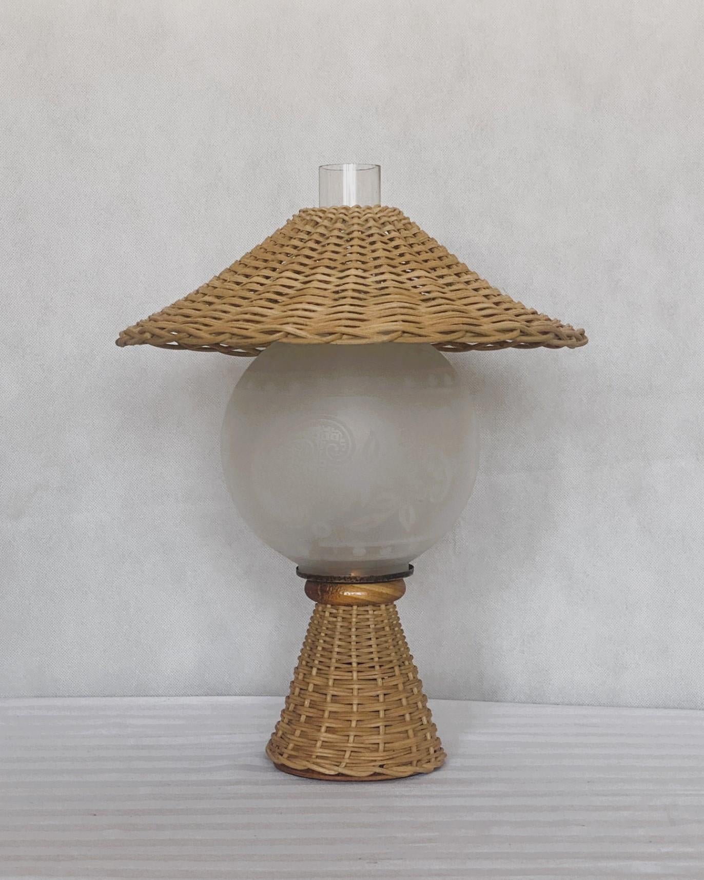 Arts and Crafts Danish Wicker Glass Table Lamp, Denmark, 1950s For Sale