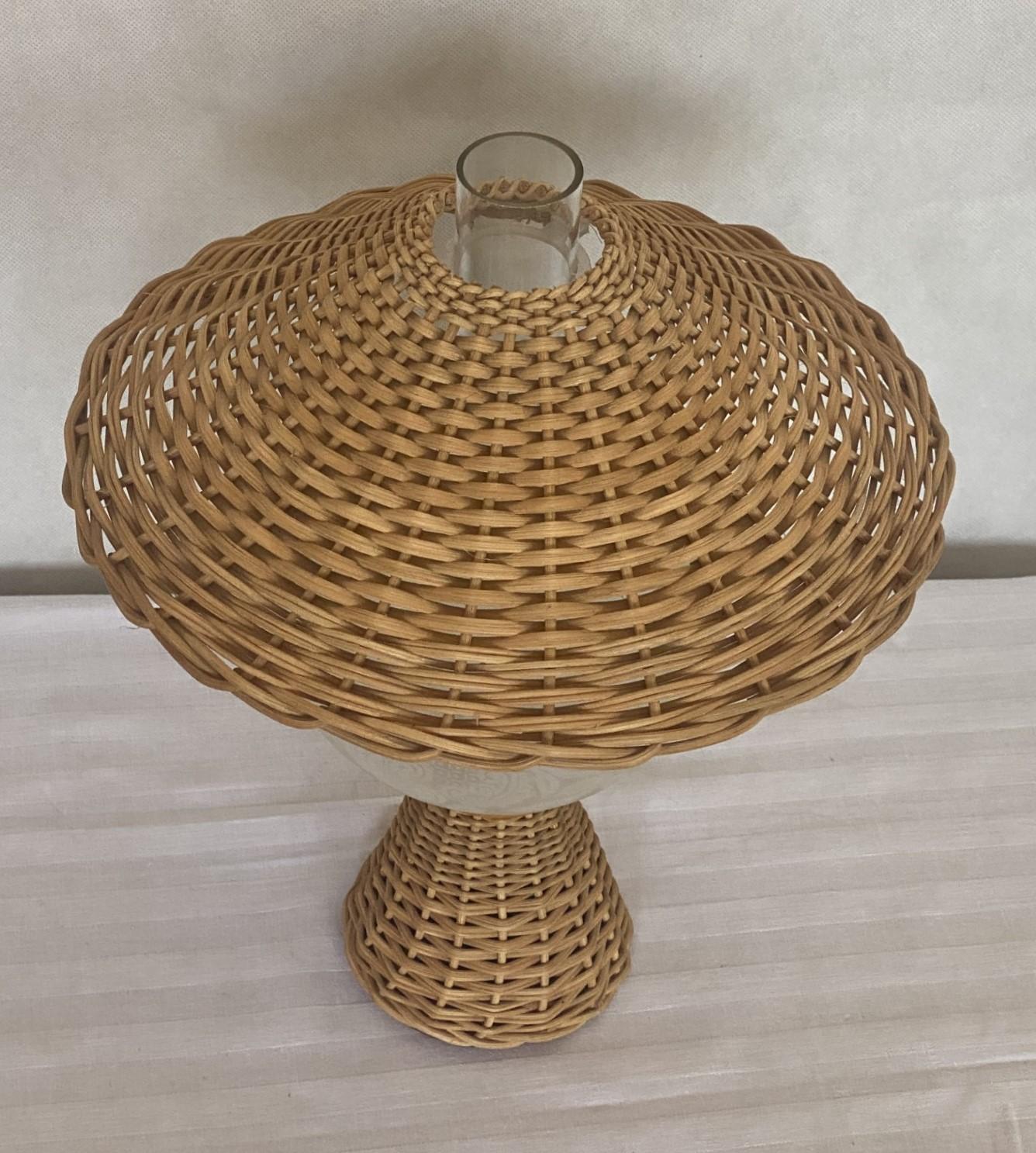 Hand-Woven Danish Wicker Glass Table Lamp, Denmark, 1950s For Sale