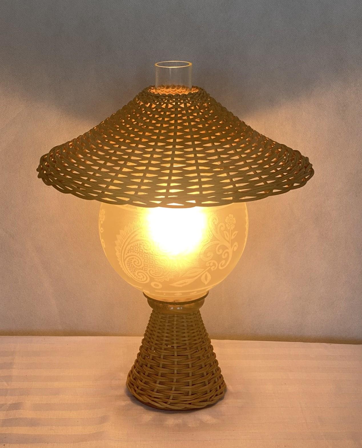 Danish Wicker Glass Table Lamp, Denmark, 1950s For Sale 1