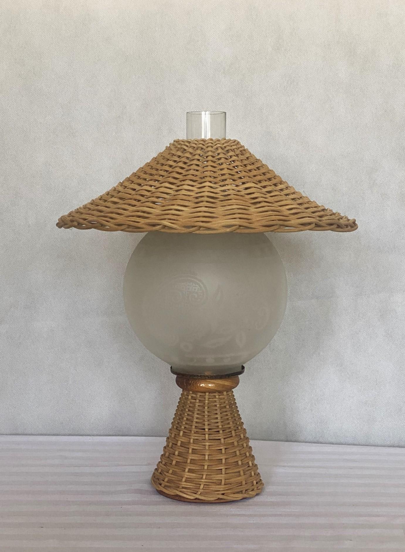 Danish Wicker Glass Table Lamp, Denmark, 1950s For Sale 2