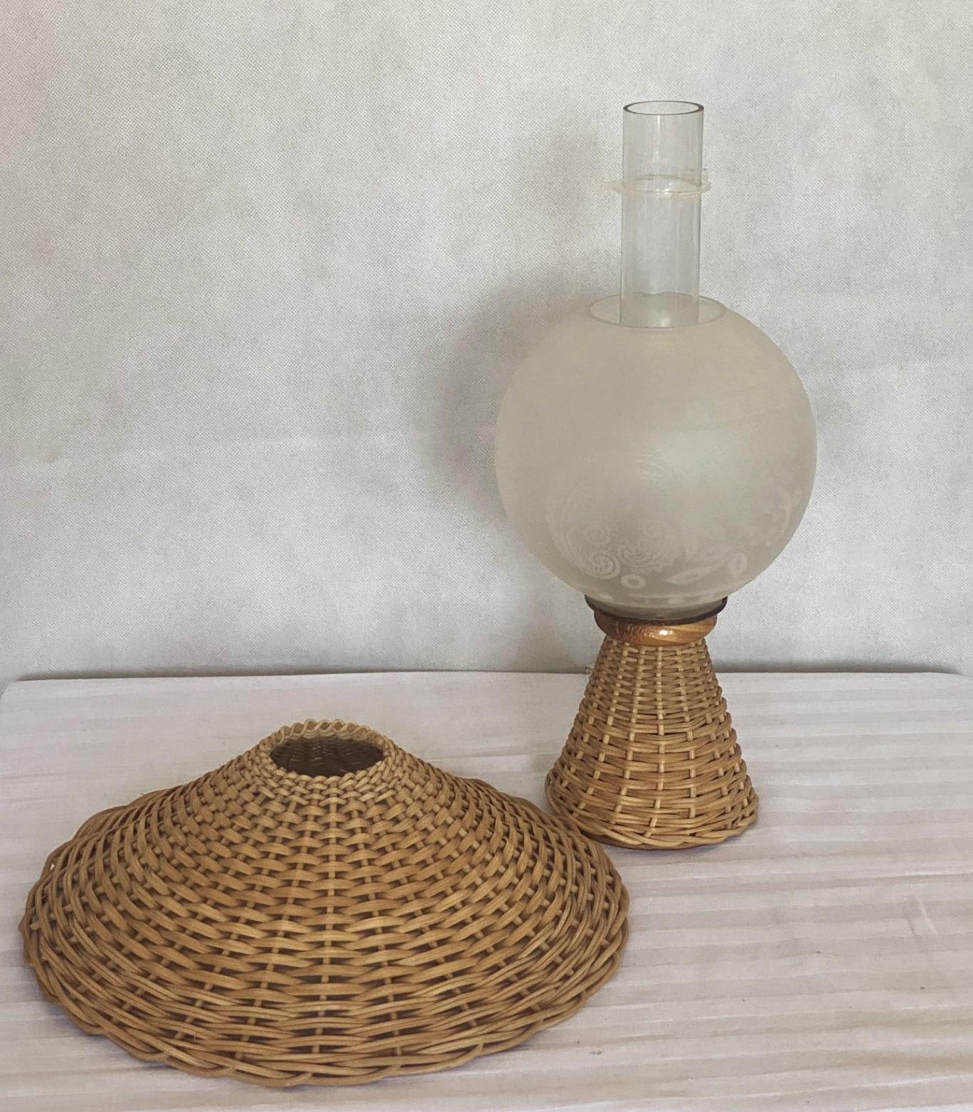 Danish Wicker Glass Table Lamp, Denmark, 1950s For Sale 3