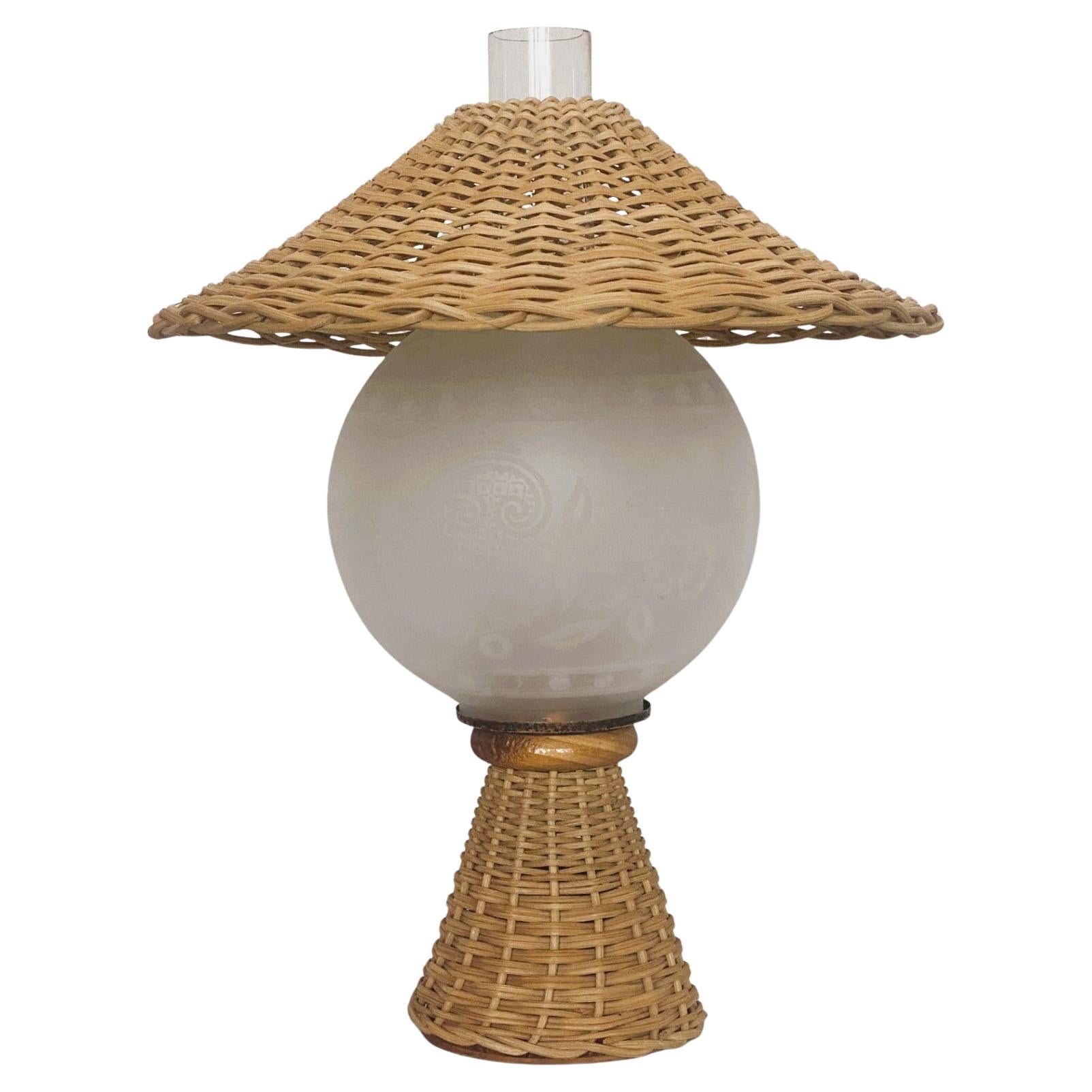 Danish Wicker Glass Table Lamp, Denmark, 1950s