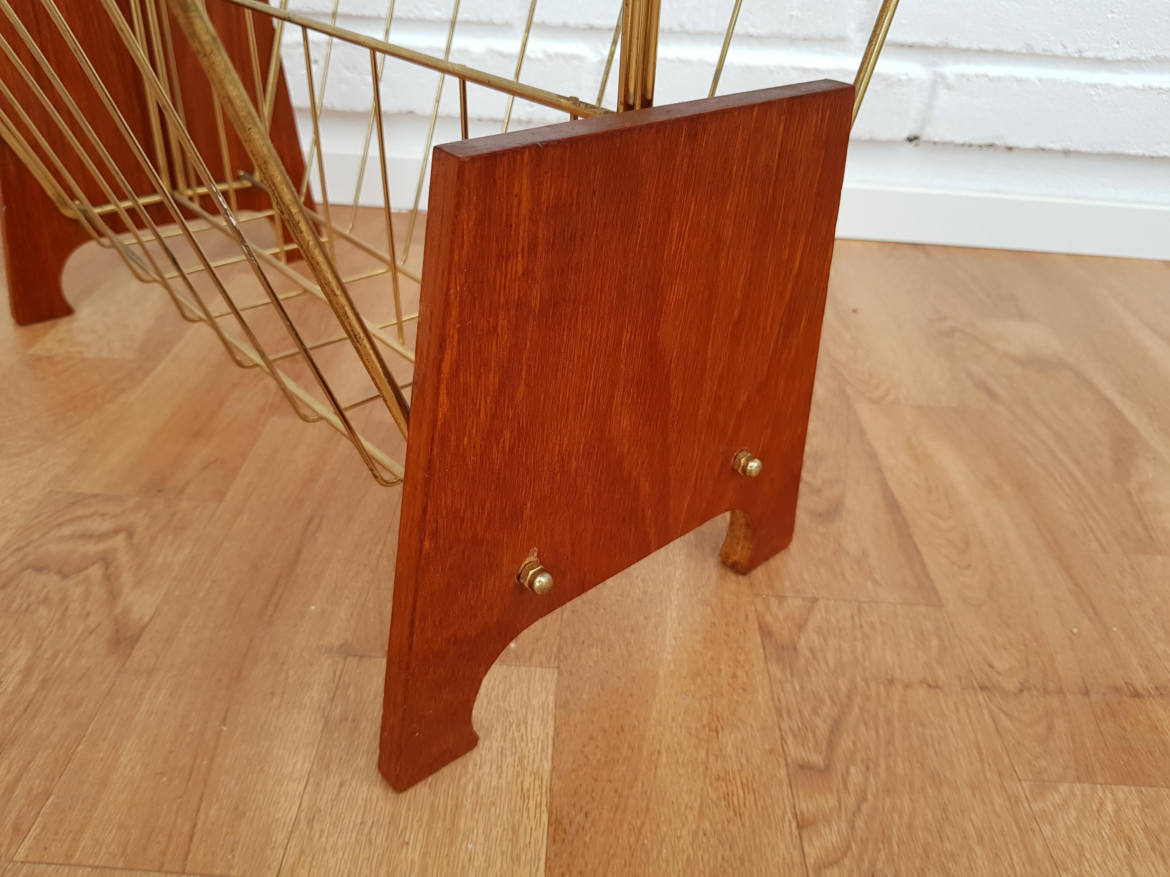 Danish Newspaper Holder, Teak Wood, Brass, 1960s For Sale 5