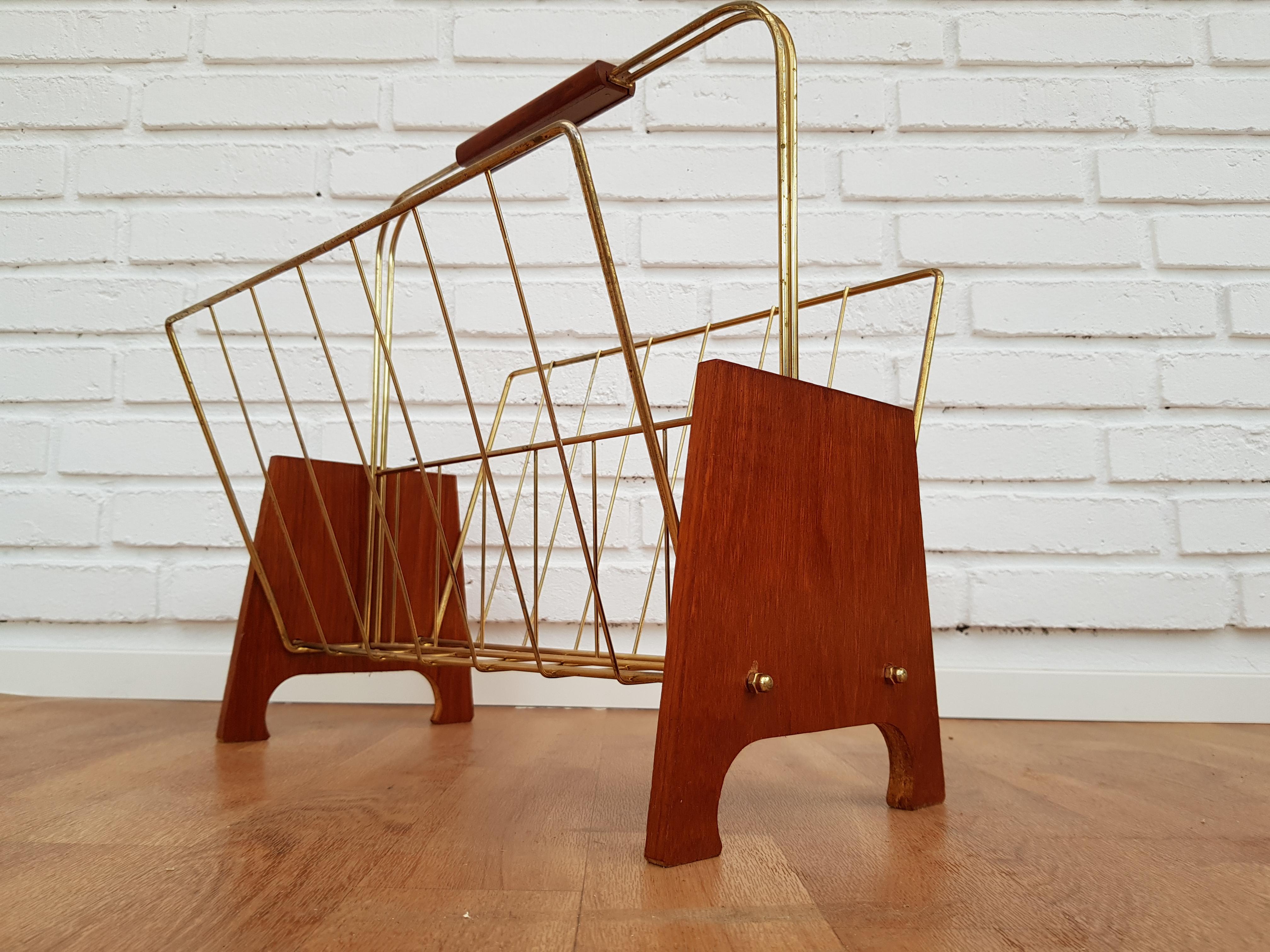 Danish Newspaper Holder, Teak Wood, Brass, 1960s For Sale 6