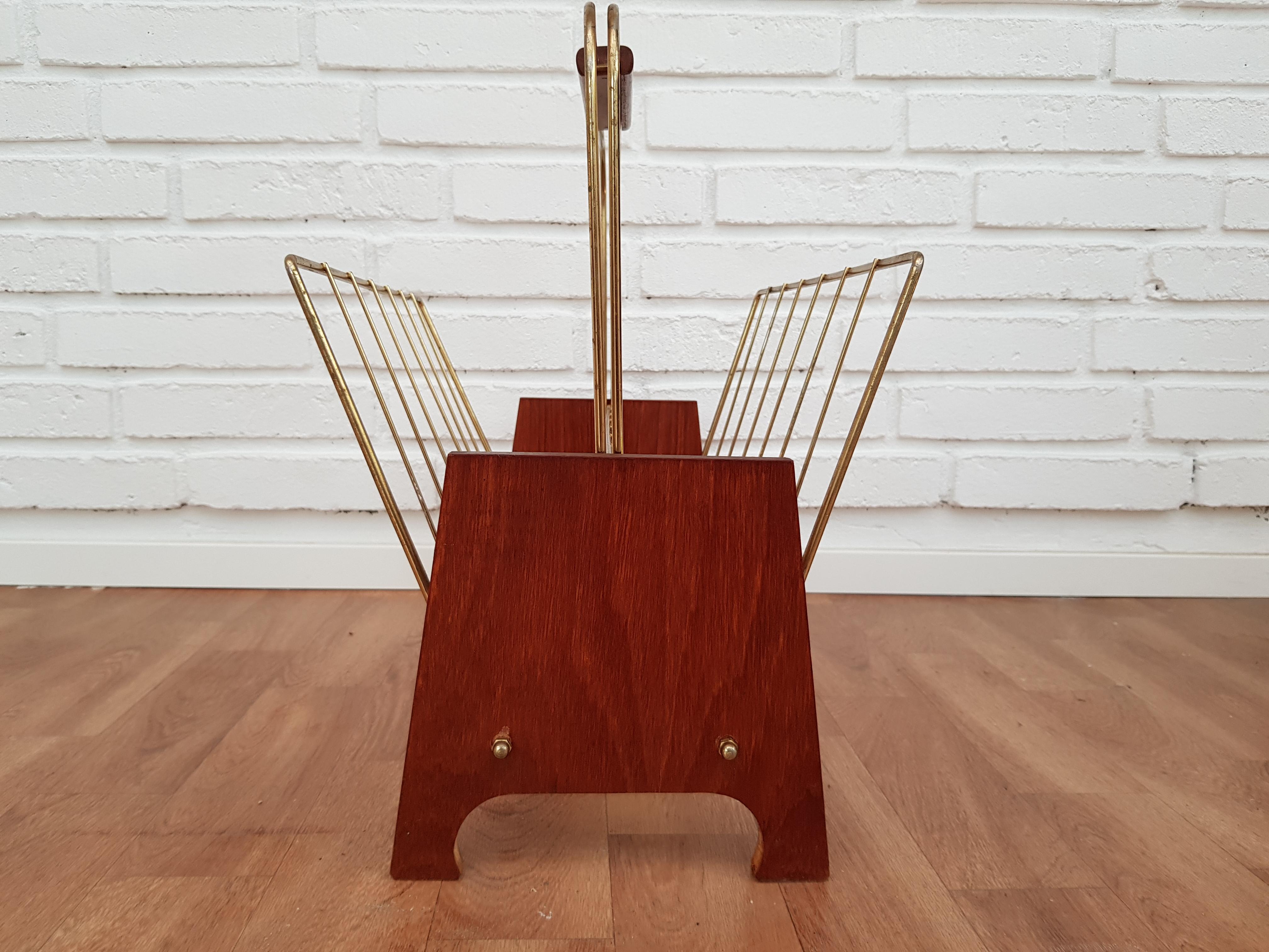Danish Newspaper Holder, Teak Wood, Brass, 1960s For Sale 9