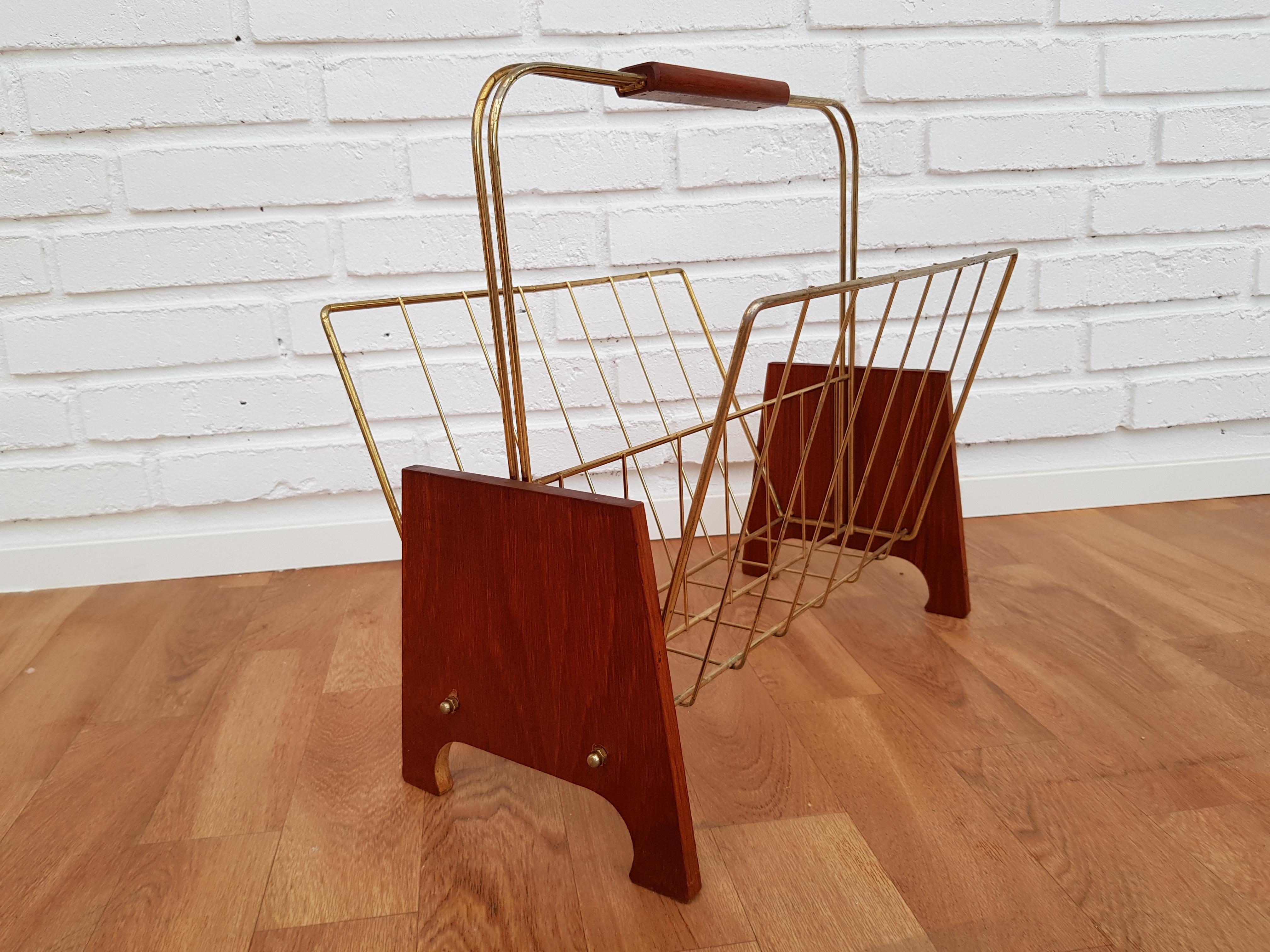 Danish Newspaper Holder, Teak Wood, Brass, 1960s For Sale 2