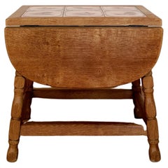 Danish Oak and Ceramic Tile Drop Leaf Side Table with Painted Tiles, Circa 1970s