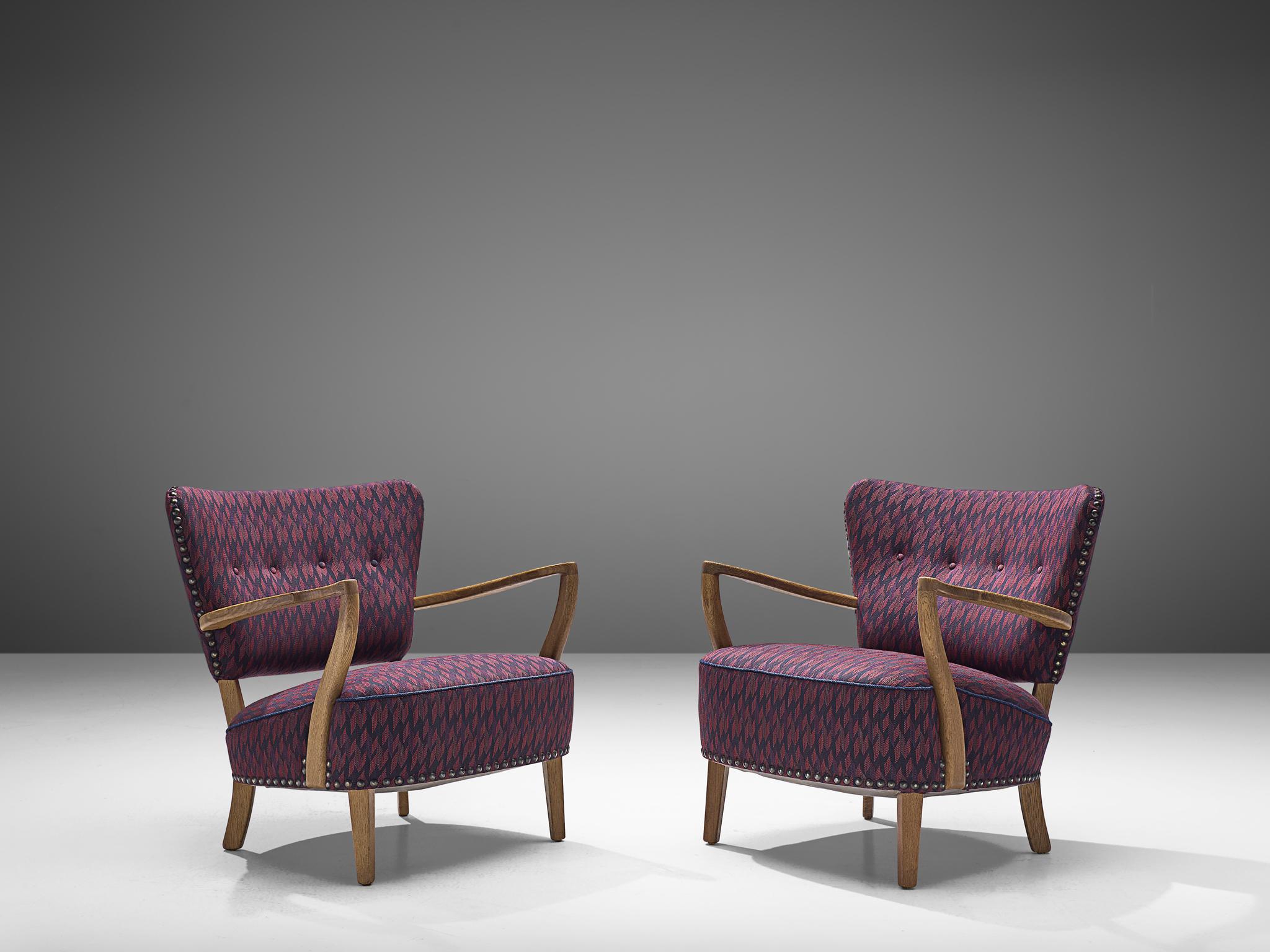 Mid-Century Modern Danish Oak Armchairs in Purple Upholstery