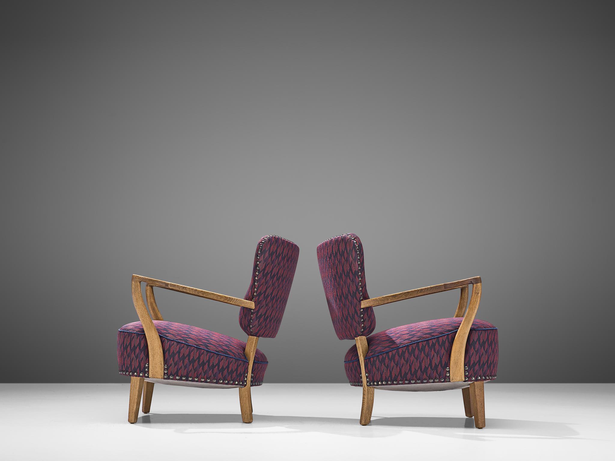 Danish Oak Armchairs in Purple Upholstery In Good Condition In Waalwijk, NL