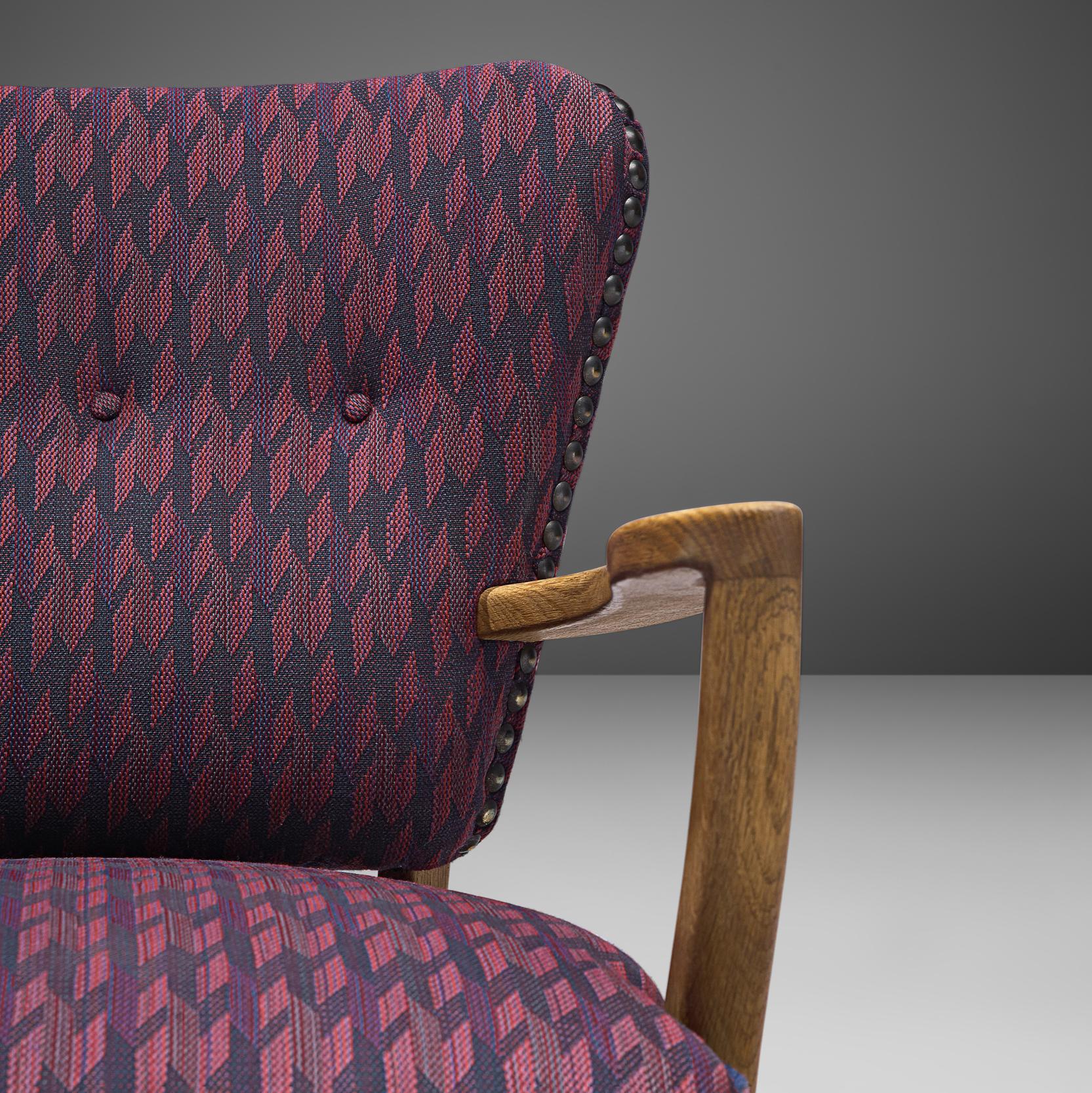 Danish Oak Armchairs in Purple Upholstery 3