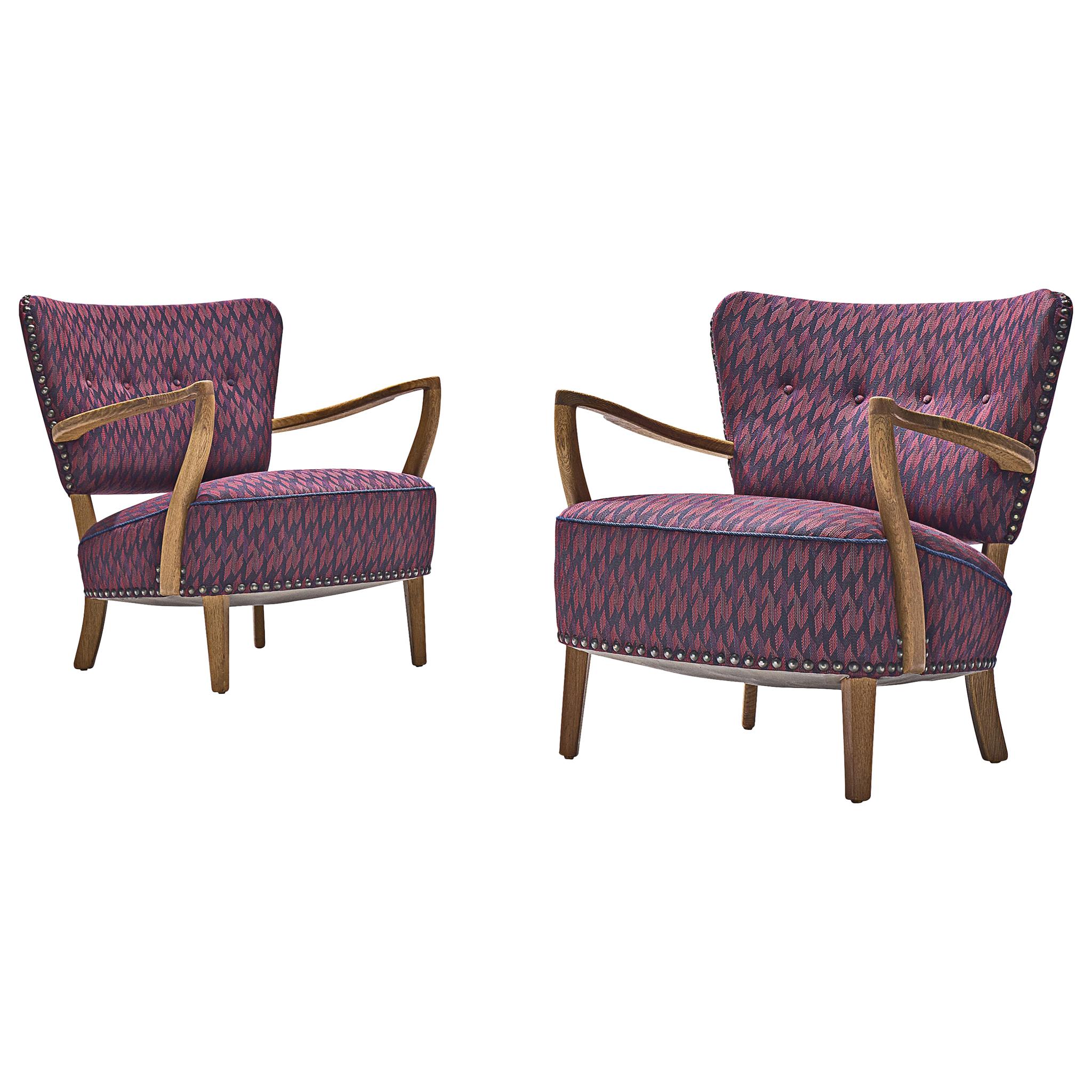Danish Oak Armchairs in Purple Upholstery