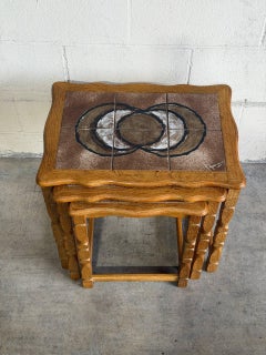 Danish Oak Ceramic Tile Top Nesting Side Tables Mid-Century Modern 1970s
