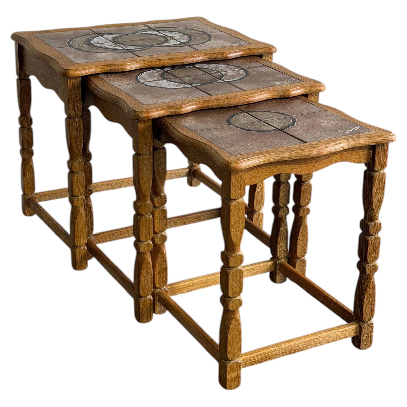 Danish Oak Ceramic Tile Top Nesting Side Tables Mid-Century Modern 1970s For Sale