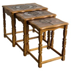 Danish Oak Ceramic Tile Top Nesting Side Tables Mid-Century Modern 1970s