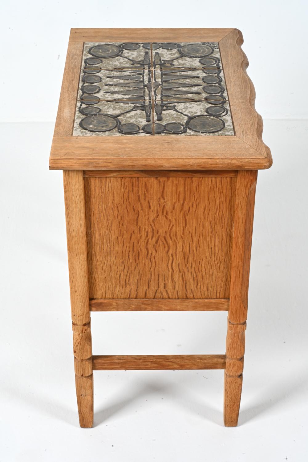 Danish Oak Chest of Drawers With One-Of-A-Kind Ox Art Ceramic Tile Mosaic Top For Sale 13