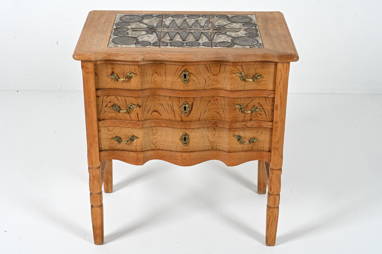 Scandinavian Modern Danish Oak Chest of Drawers With One-Of-A-Kind Ox Art Ceramic Tile Mosaic Top
