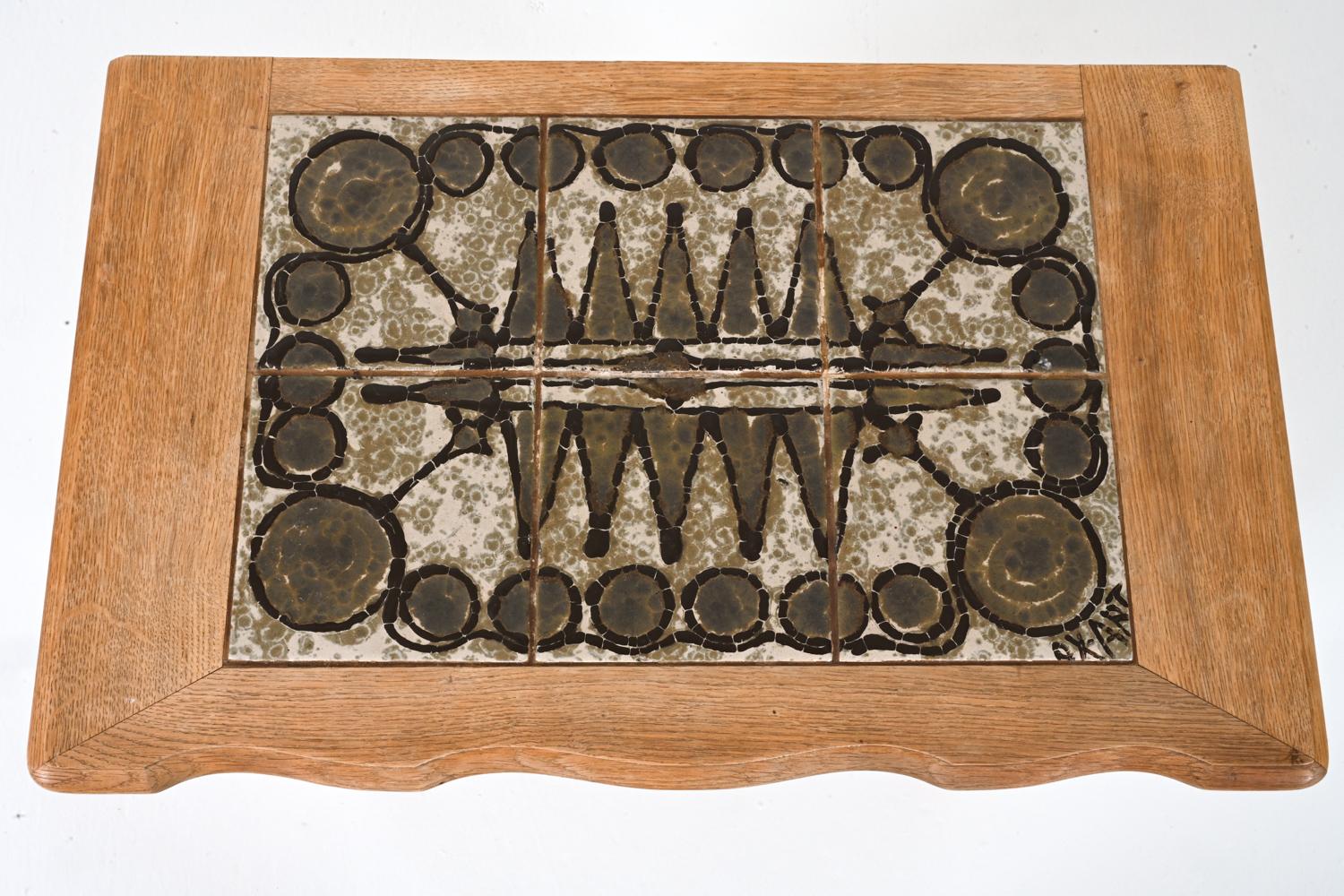 20th Century Danish Oak Chest of Drawers With One-Of-A-Kind Ox Art Ceramic Tile Mosaic Top