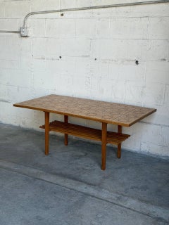 Danish Oak Coffee Table with Patterned Ceramic Tile Top and Slatted Shelf 1970s