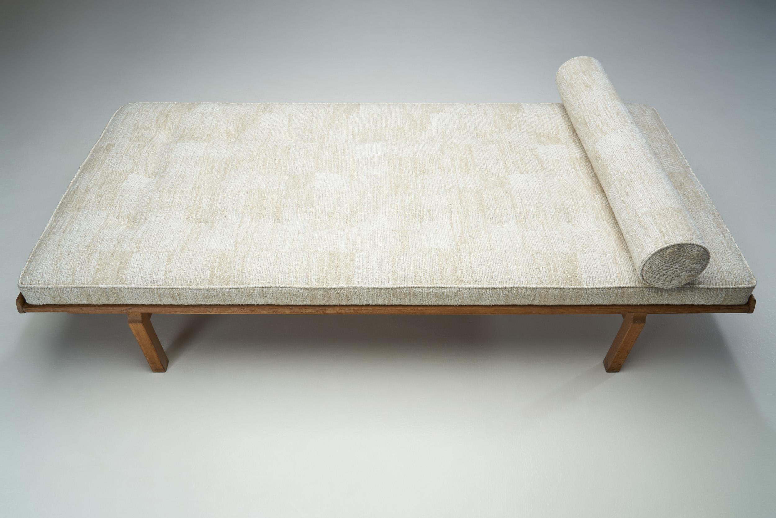 Fabric Danish Oak Daybed with Upholstered Mattress and Pillow, Denmark, ca 1950s For Sale