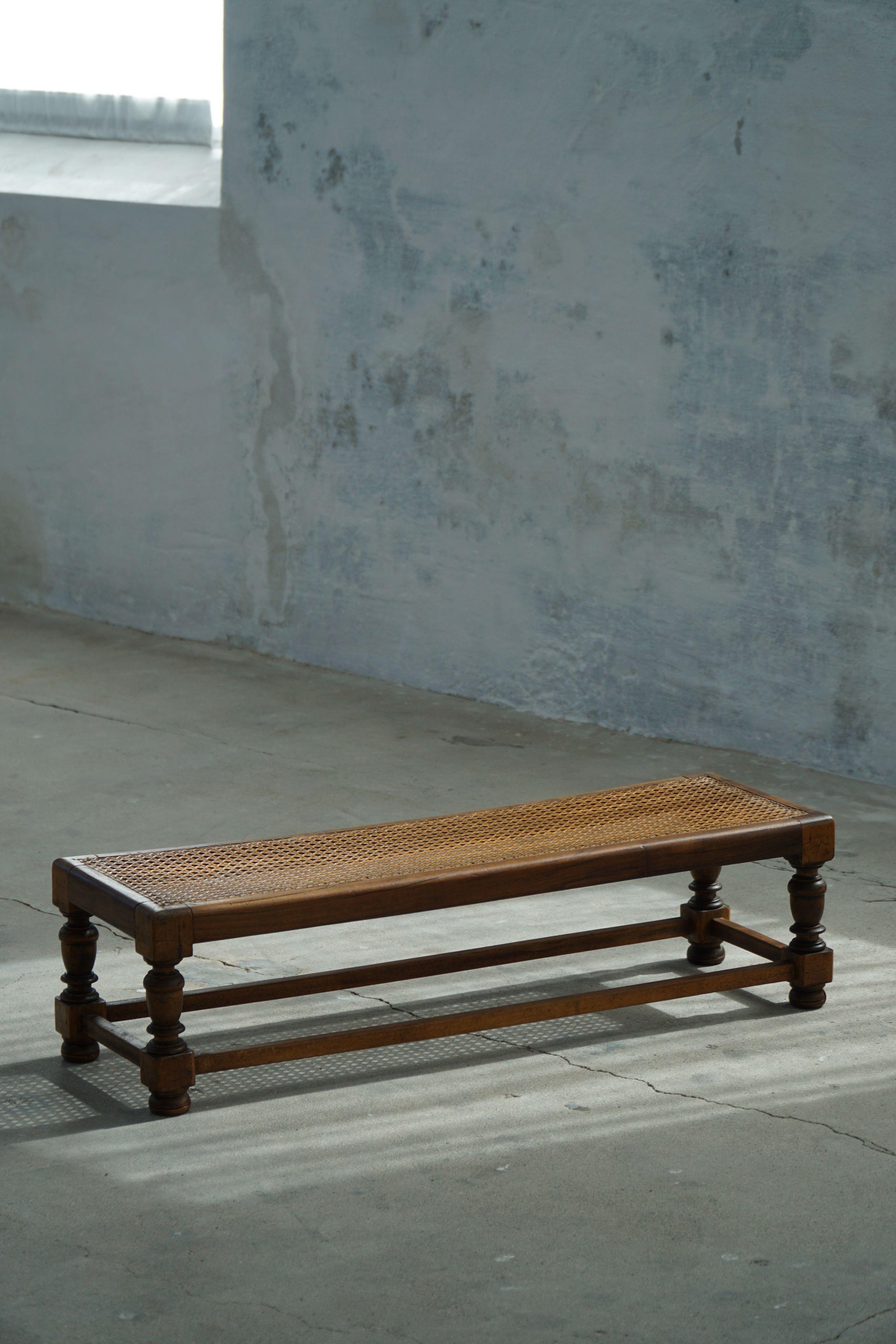 Danish Oak Footstool with Hand-Embroidered Cushion & Cane Seat, Baroque, 1940s For Sale 7